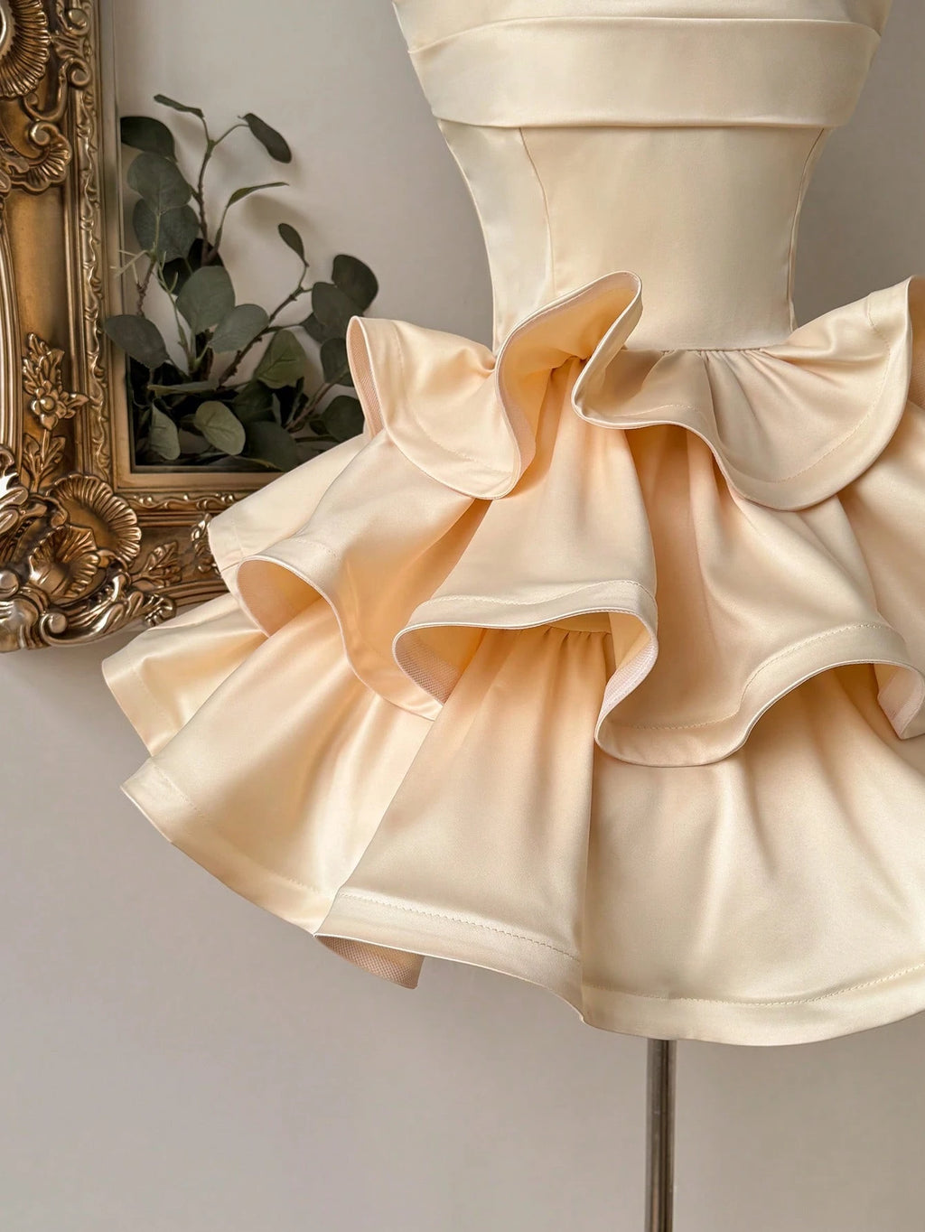 Lovelzi Champagne Summer Elegant Formal Party Satin Off Shoulder Ruffle Hem Dress, Fashionable Wedding - image 4