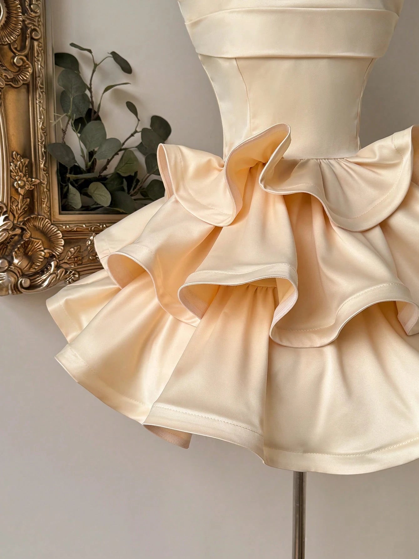 Lovelzi Champagne Summer Elegant Formal Party Satin Off Shoulder Ruffle Hem Dress, Fashionable Wedding - image 4