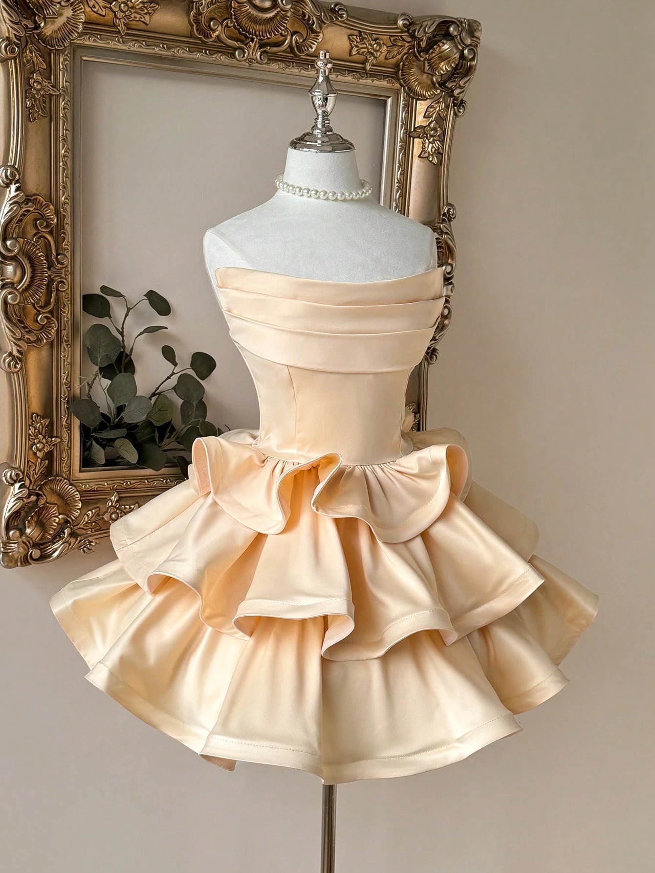 Lovelzi Champagne Summer Elegant Formal Party Satin Off Shoulder Ruffle Hem Dress, Fashionable Wedding - image 6