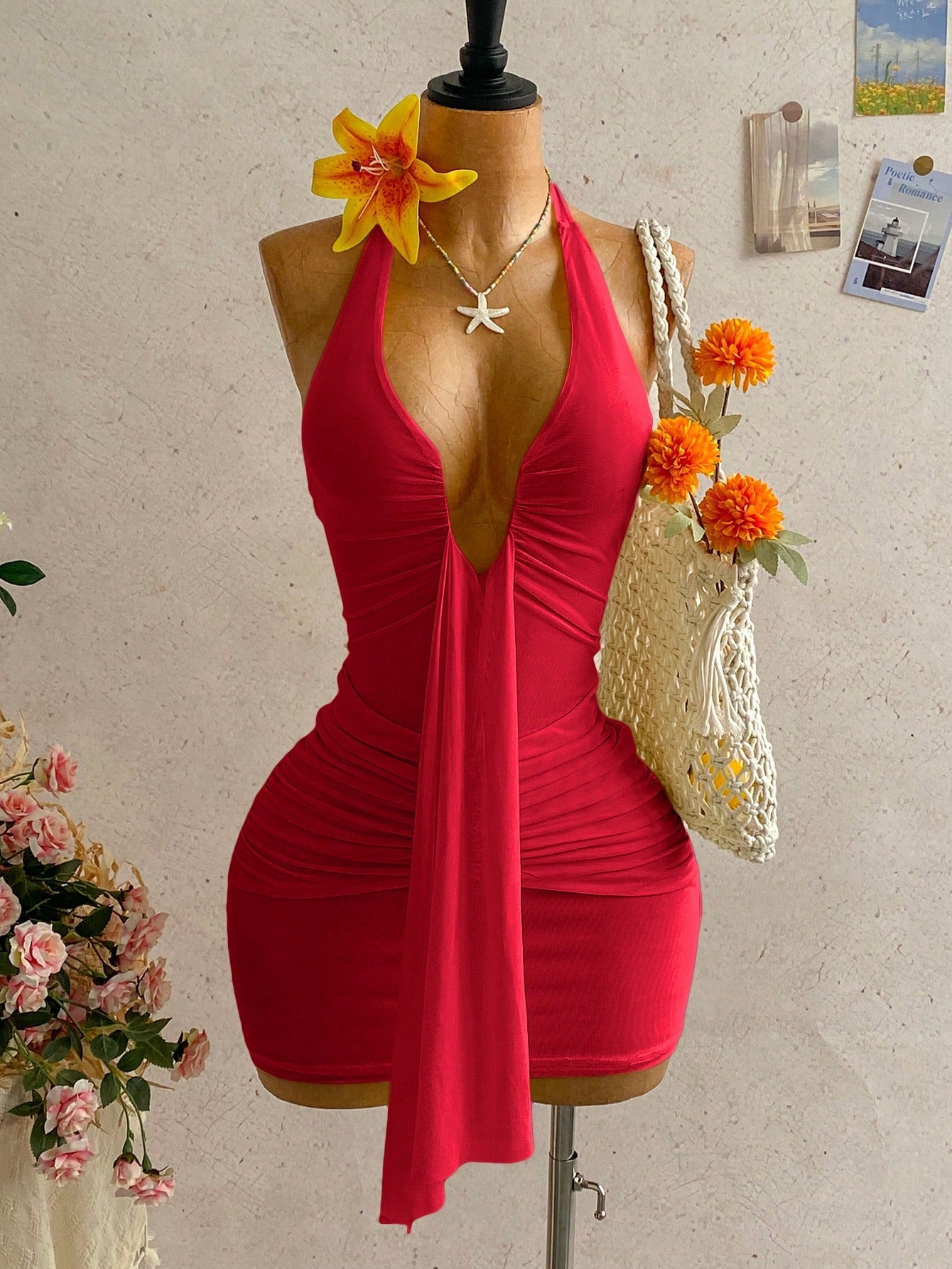 Ure Wave Women's Casual Vacation Sexy Ribbon Halter Bowknot Ruched