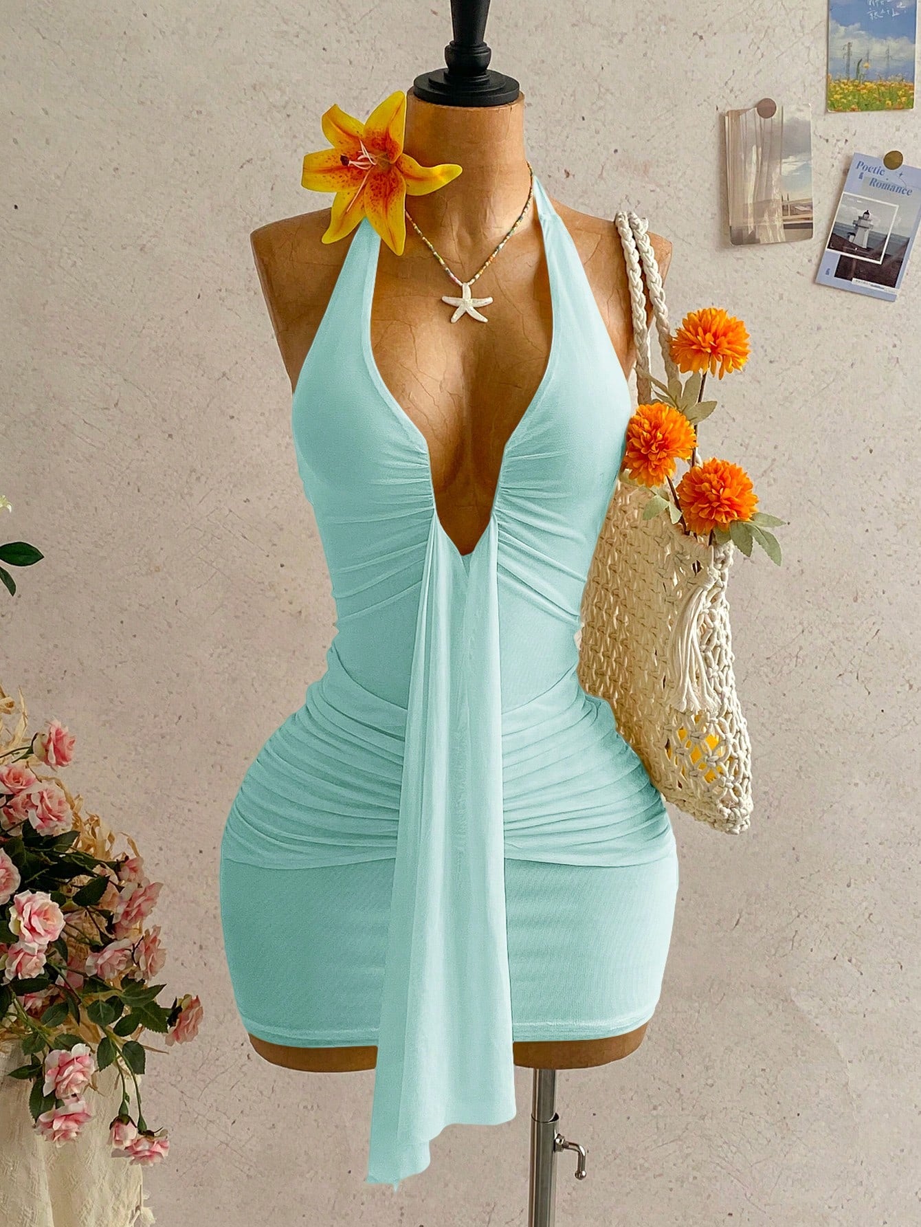 Ure Wave Women's Casual Vacation Sexy Ribbon Halter Bowknot Ruched