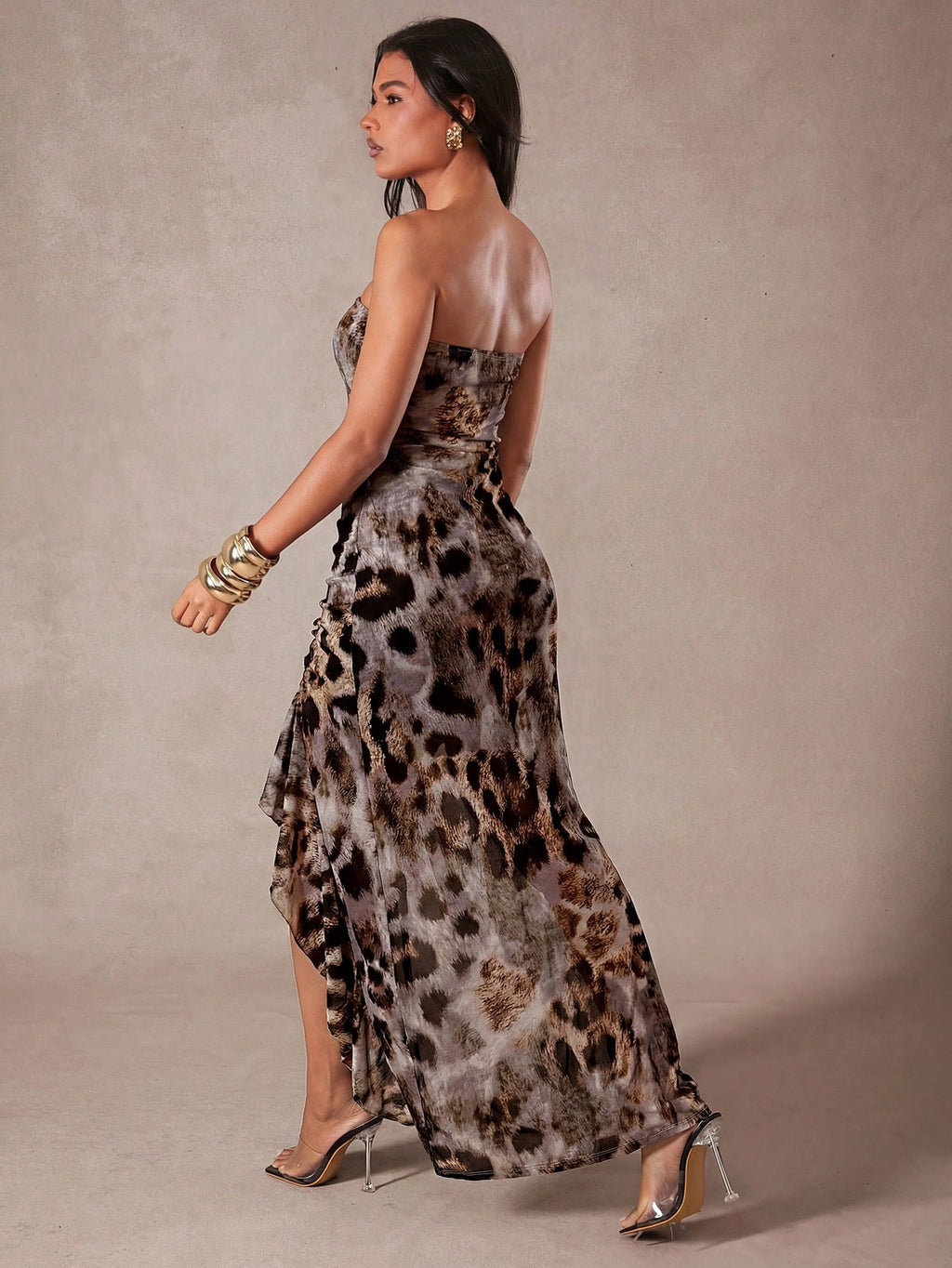 Hauture Zebra Print Strapless Tube Top Ruch Ruffled Frill High Low