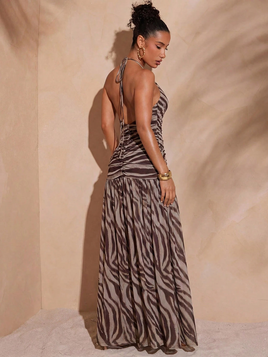 Hauture Sexy Summer Vacation Abstract Printed Deep Plunge Ruched