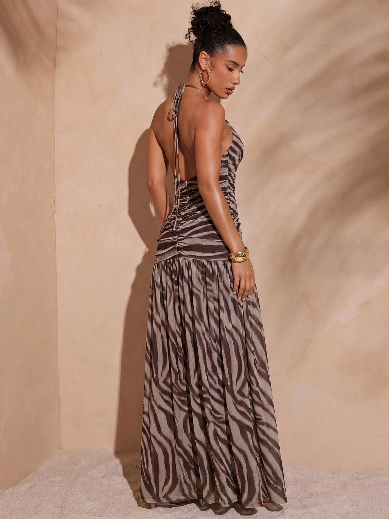 Hauture Sexy Summer Vacation Abstract Printed Deep Plunge Ruched