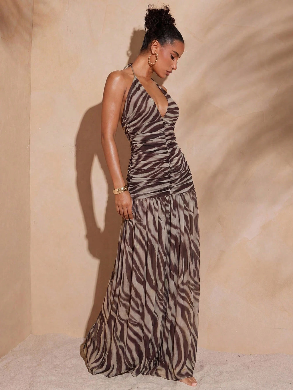Hauture Sexy Summer Vacation Abstract Printed Deep Plunge Ruched