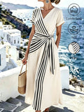 Breezaya +Women's V-Neck Striped Patchwork Casual Vacation Dress,