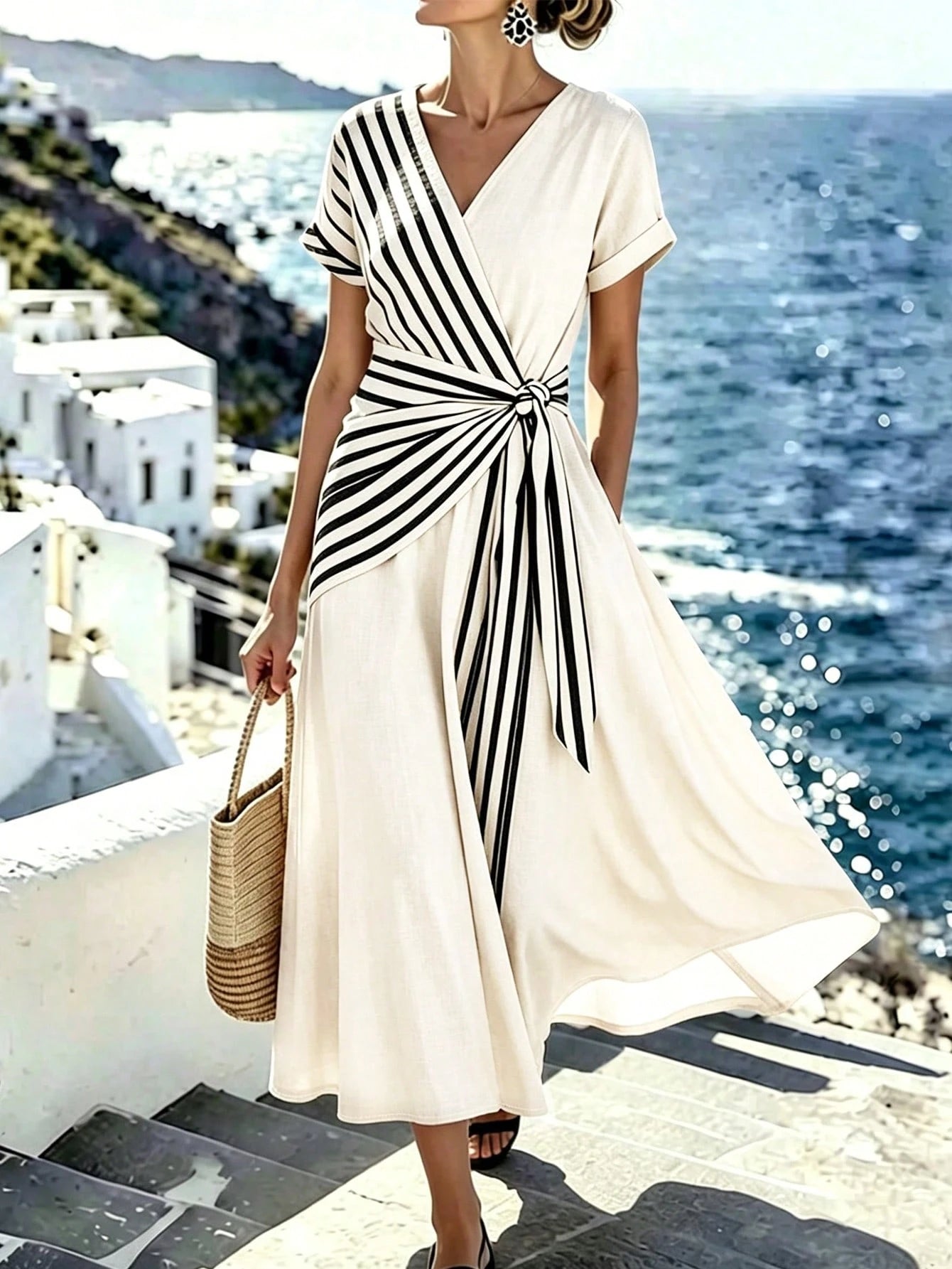 Breezaya +Women's V-Neck Striped Patchwork Casual Vacation Dress,