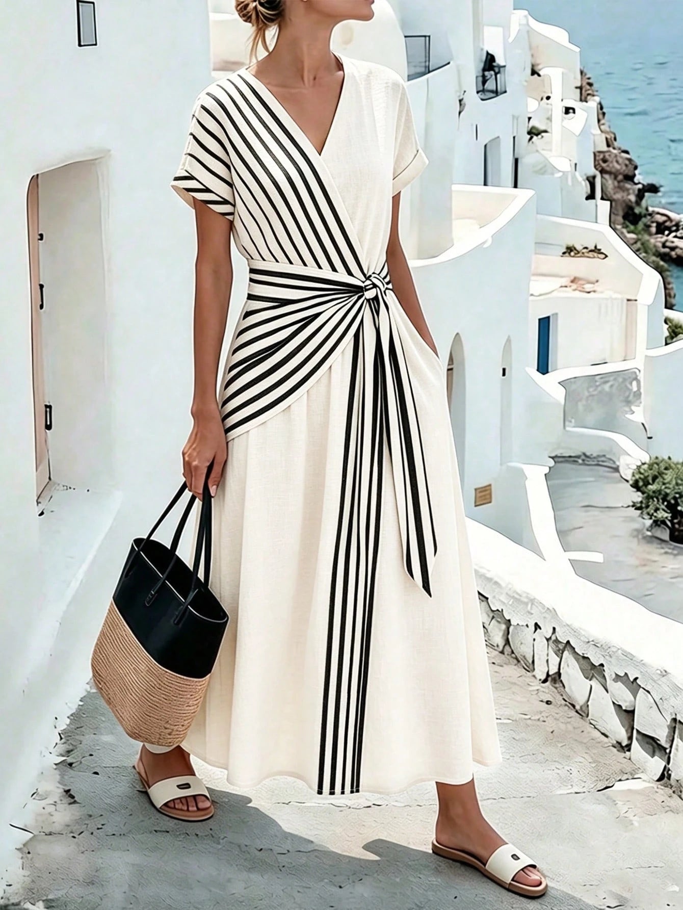 Breezaya +Women's V-Neck Striped Patchwork Casual Vacation Dress,