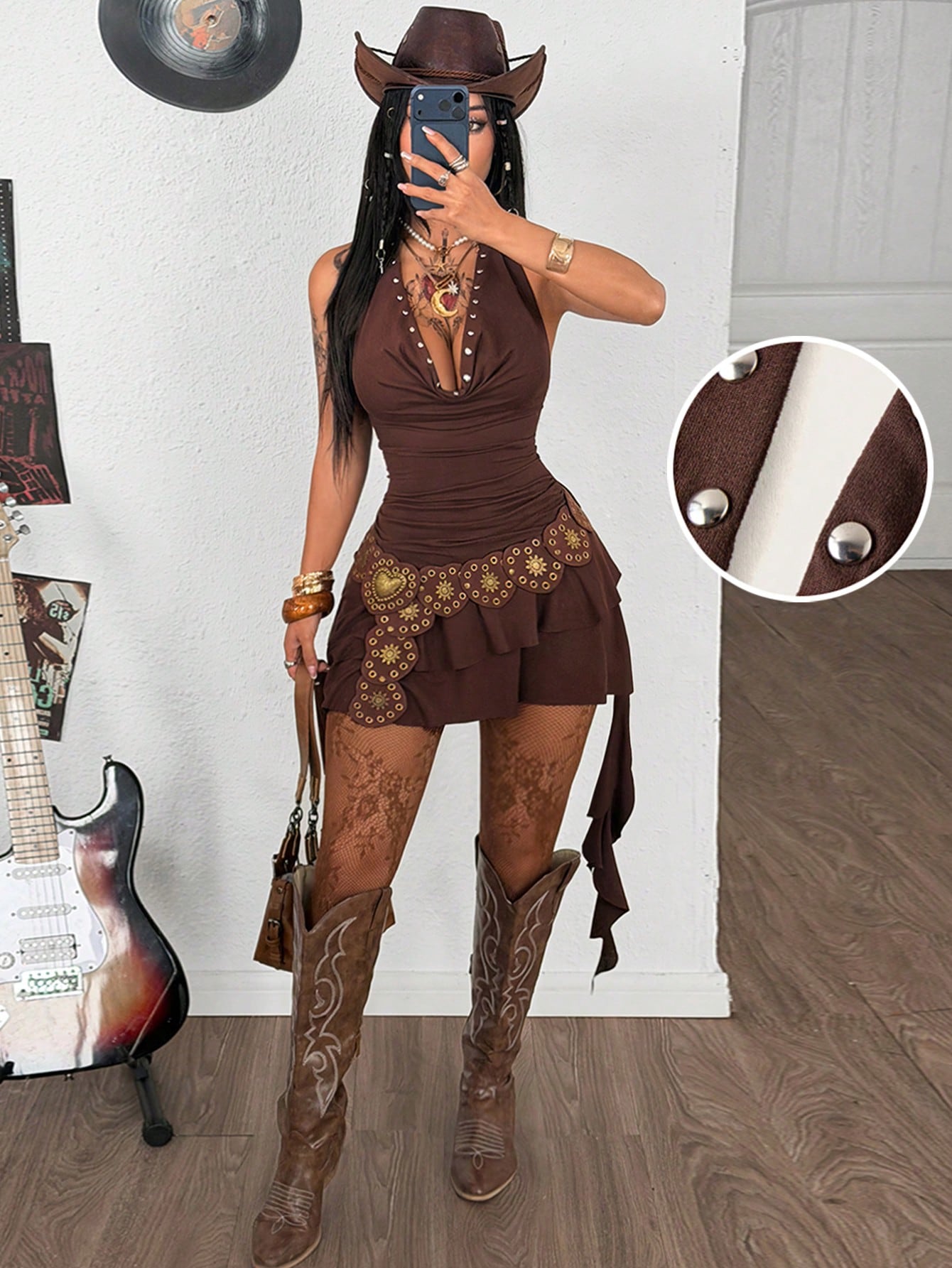 Coolane Women's Dark Brown Summer Western Night Club Concert Outfit Boho Chic Y2k Stretchy Slim Fit Cowl Neck