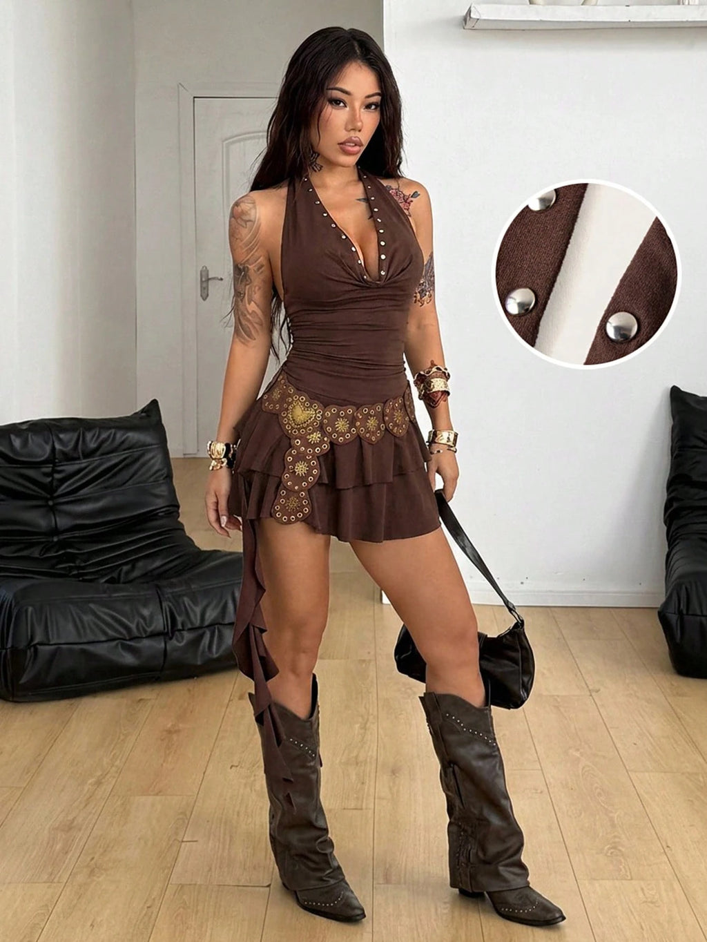 Coolane Women's Dark Brown Summer Western Night Club Concert Outfit Boho Chic Y2k Stretchy Slim Fit Cowl Neck - image 3