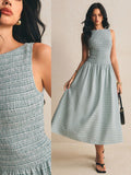 Poéselle Brown Gingham Plaid Summer Casual European Sexy Holiday Picnic Vacation Pleated Maxi Dress For