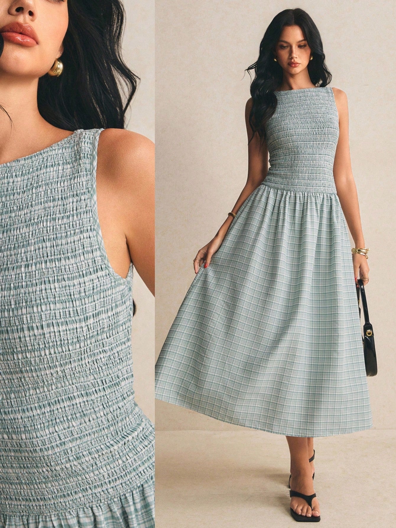 Poéselle Brown Gingham Plaid Summer Casual European Sexy Holiday Picnic Vacation Pleated Maxi Dress For