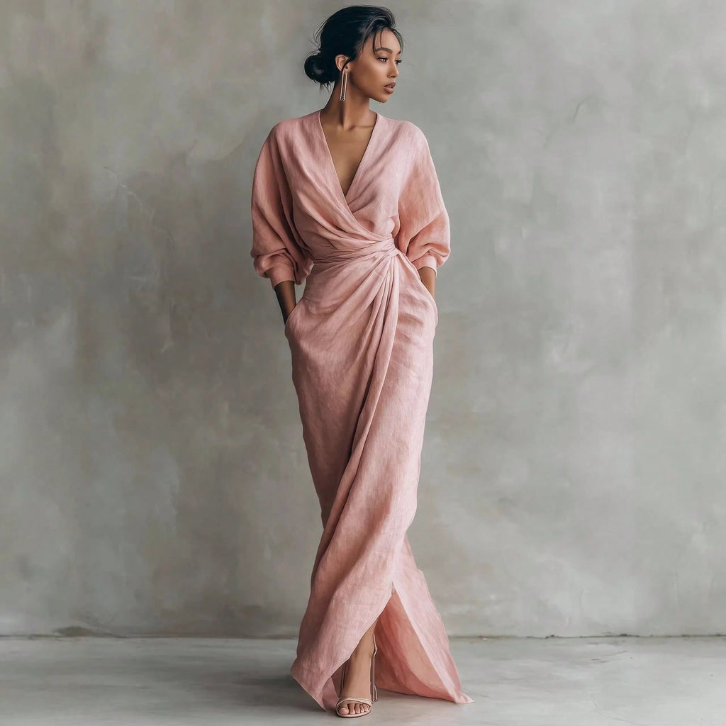 KZKZWK Linen-Blend Wrap Maxi Dress, V-Neck Batwing Sleeve Waist Tie