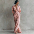 KZKZWK Linen-Blend Wrap Maxi Dress, V-Neck Batwing Sleeve Waist Tie