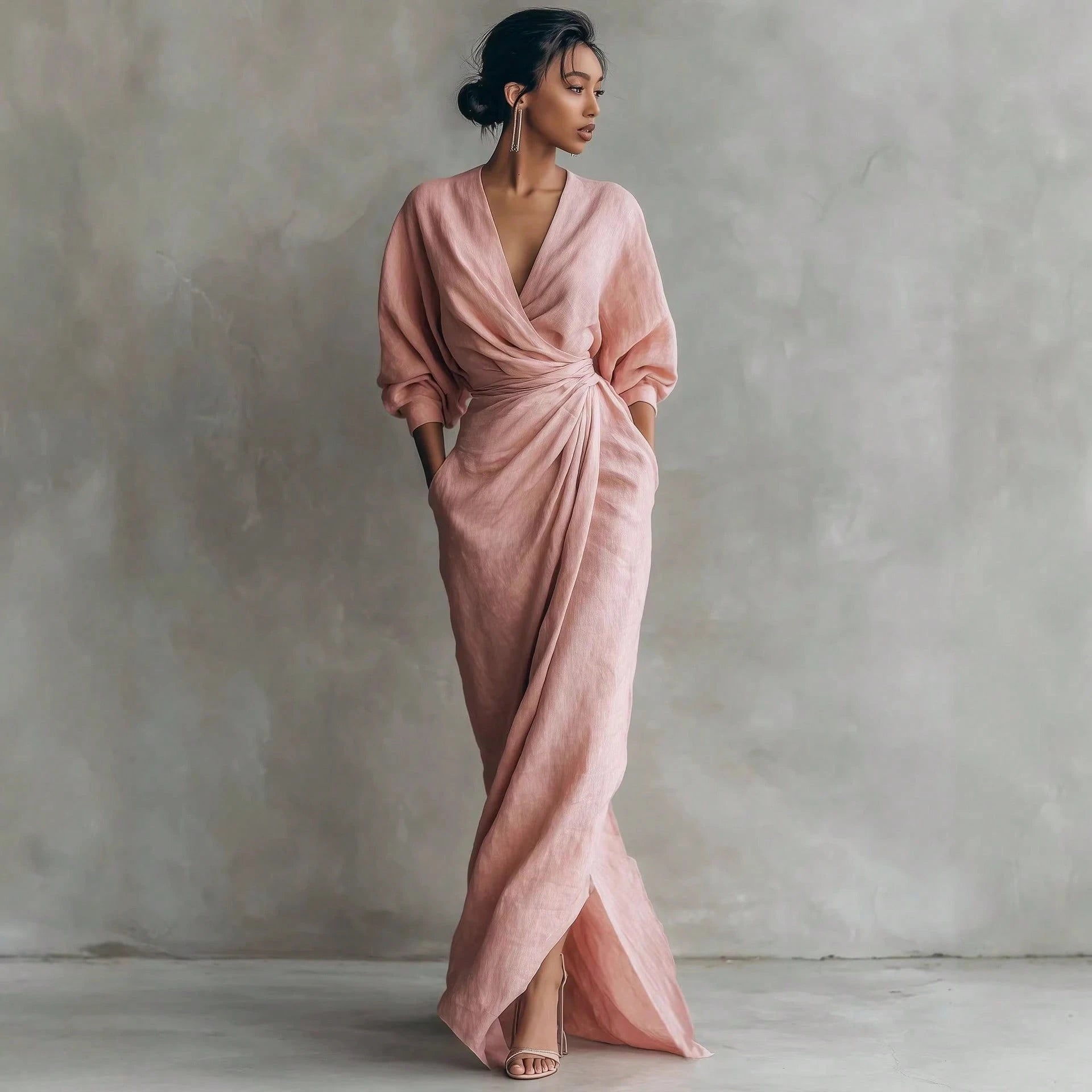 KZKZWK Linen-Blend Wrap Maxi Dress, V-Neck Batwing Sleeve Waist Tie