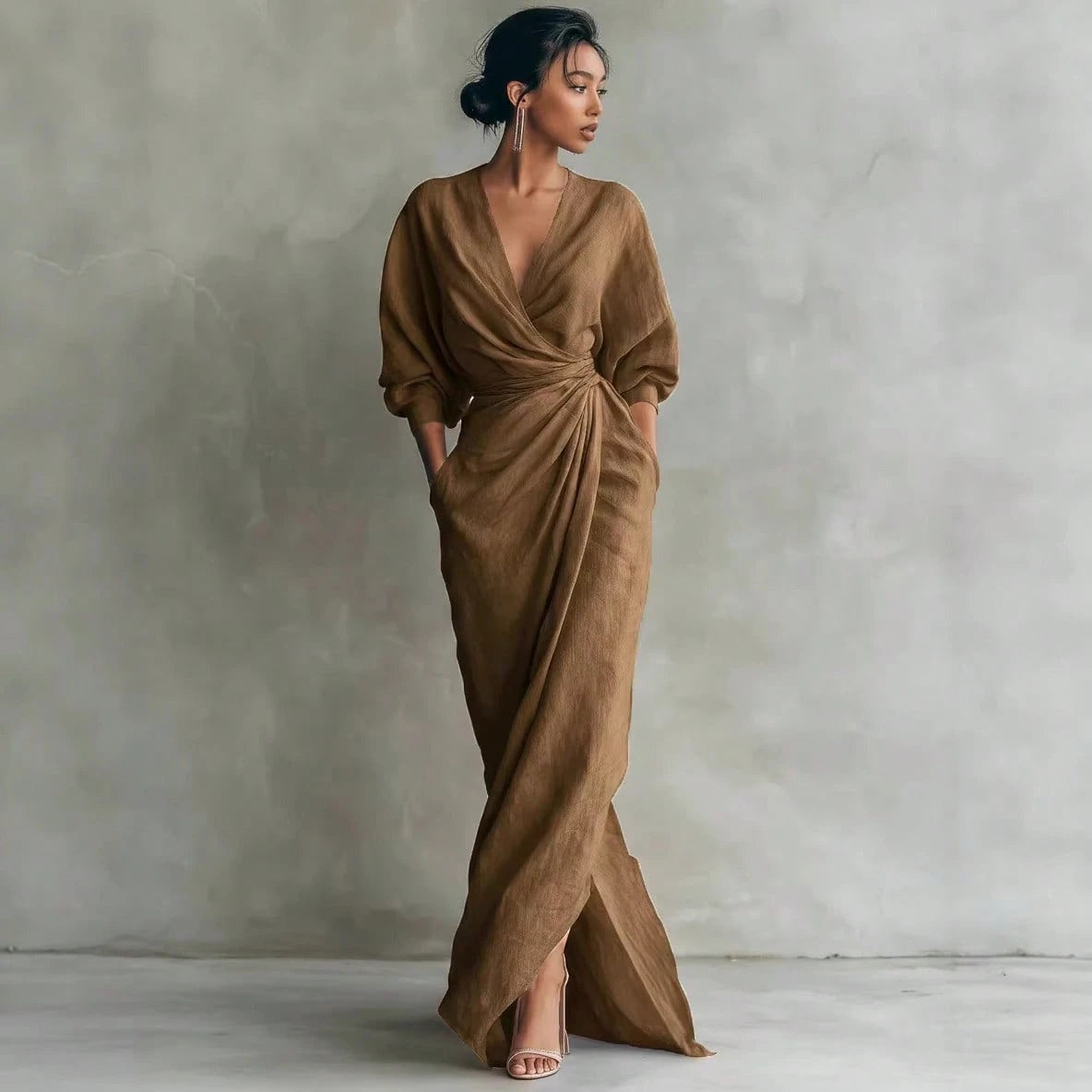 KZKZWK Linen-Blend Wrap Maxi Dress, V-Neck Batwing Sleeve Waist Tie