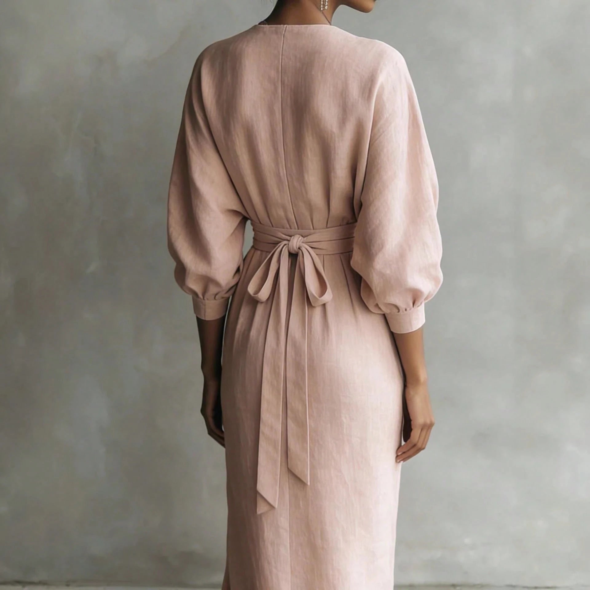 KZKZWK Linen-Blend Wrap Maxi Dress, V-Neck Batwing Sleeve Waist Tie