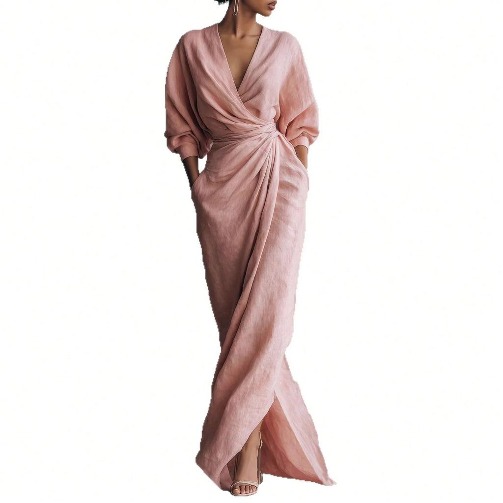 KZKZWK Linen-Blend Wrap Maxi Dress, V-Neck Batwing Sleeve Waist Tie