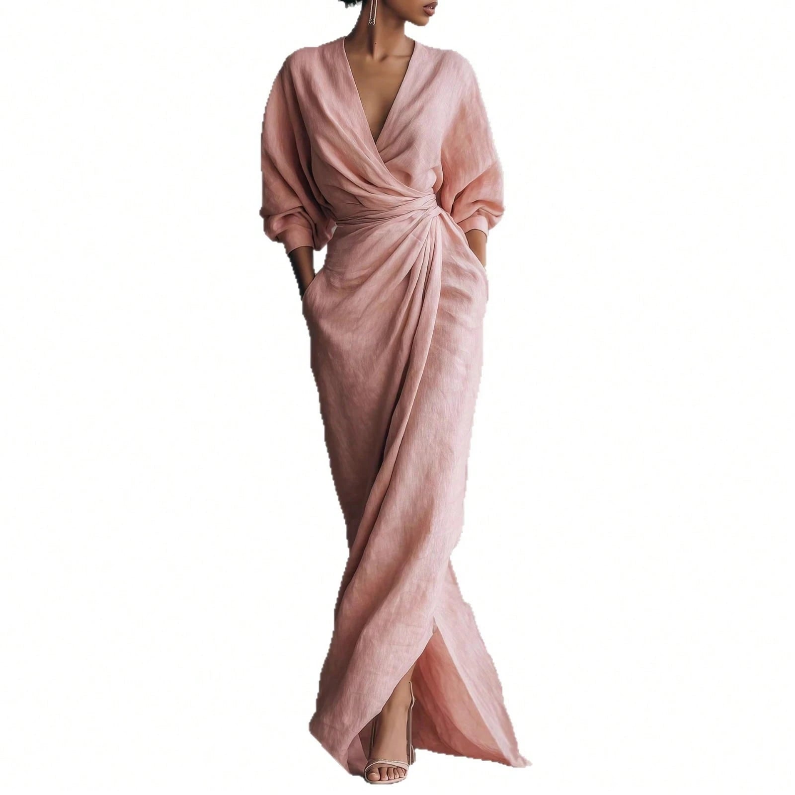 KZKZWK Linen-Blend Wrap Maxi Dress, V-Neck Batwing Sleeve Waist Tie