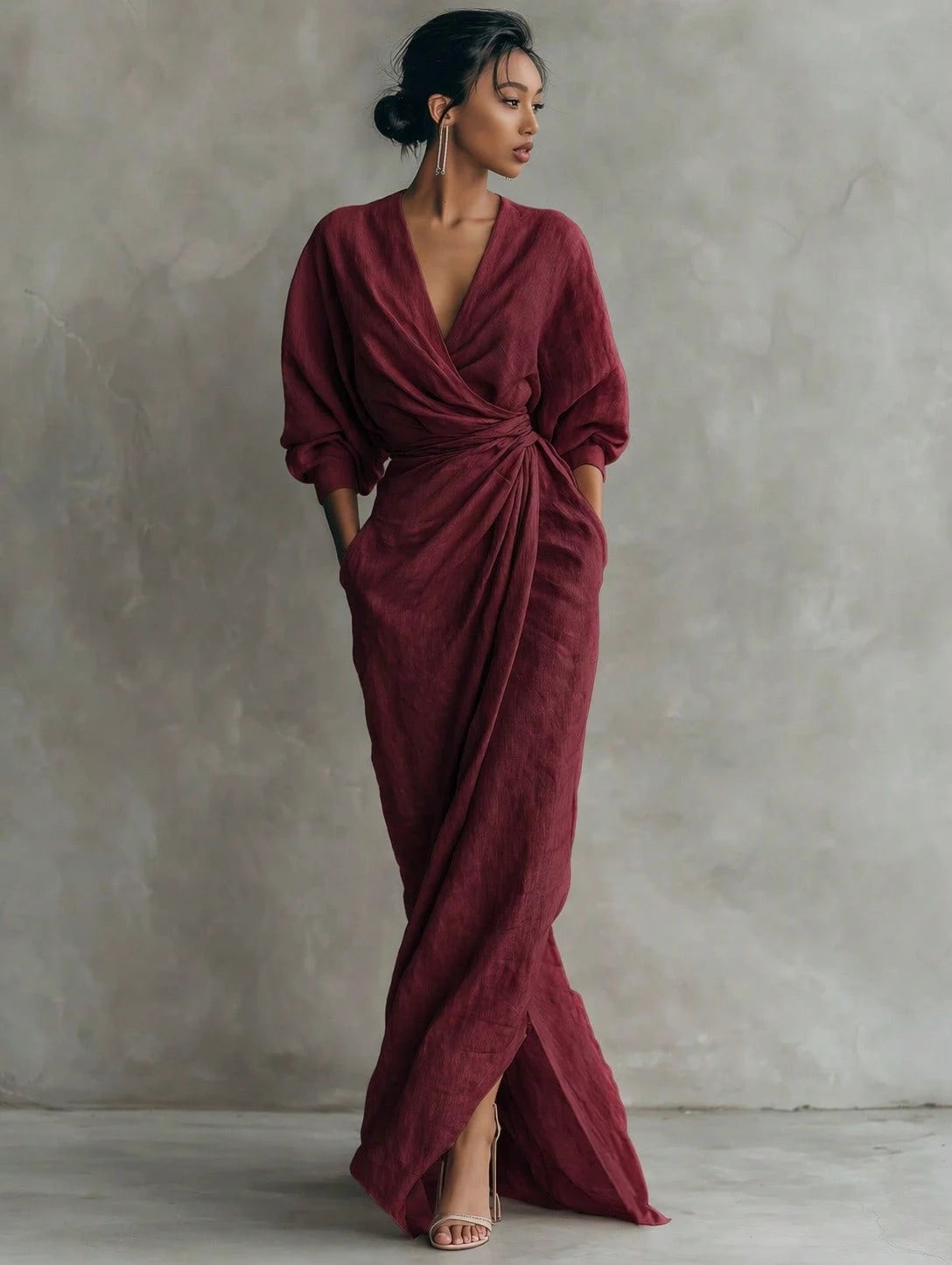 KZKZWK Linen-Blend Wrap Maxi Dress, V-Neck Batwing Sleeve Waist Tie
