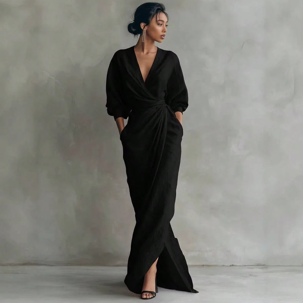 KZKZWK Linen-Blend Wrap Maxi Dress, V-Neck Batwing Sleeve Waist Tie