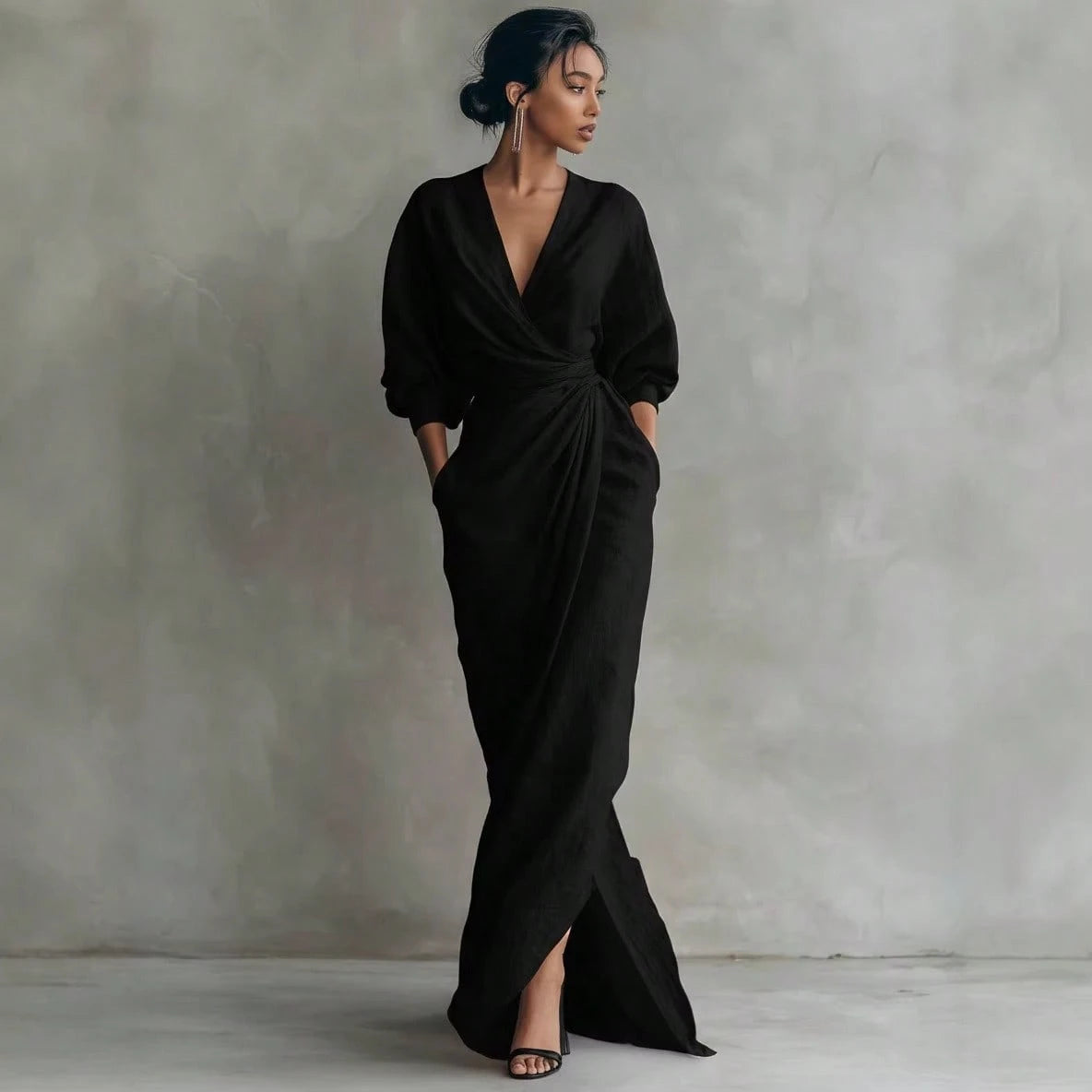 KZKZWK Linen-Blend Wrap Maxi Dress, V-Neck Batwing Sleeve Waist Tie