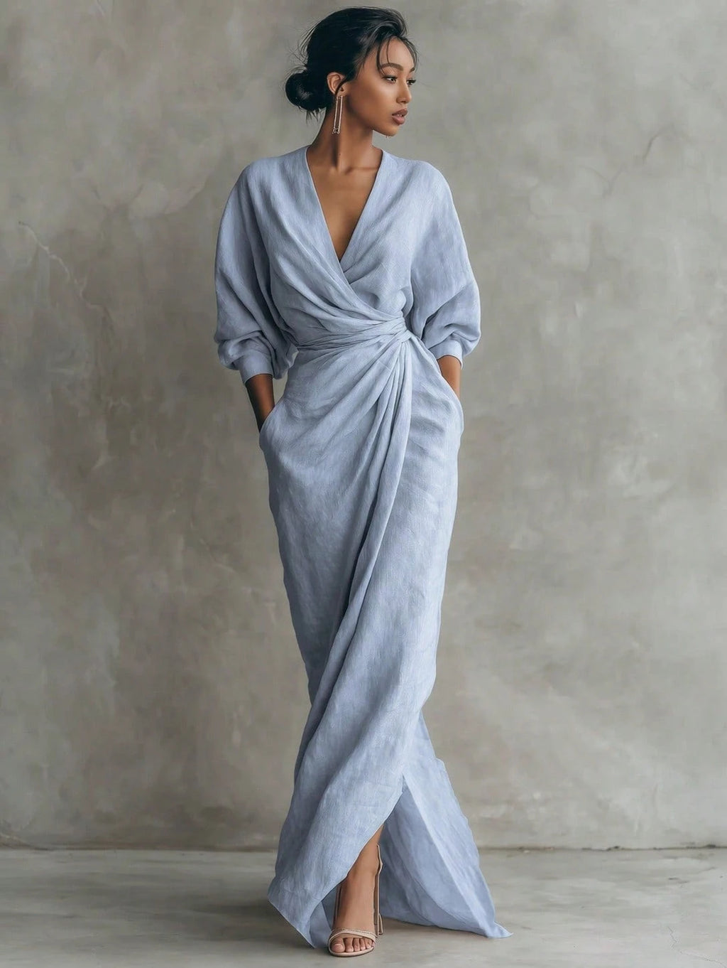 KZKZWK Linen-Blend Wrap Maxi Dress, V-Neck Batwing Sleeve Waist Tie