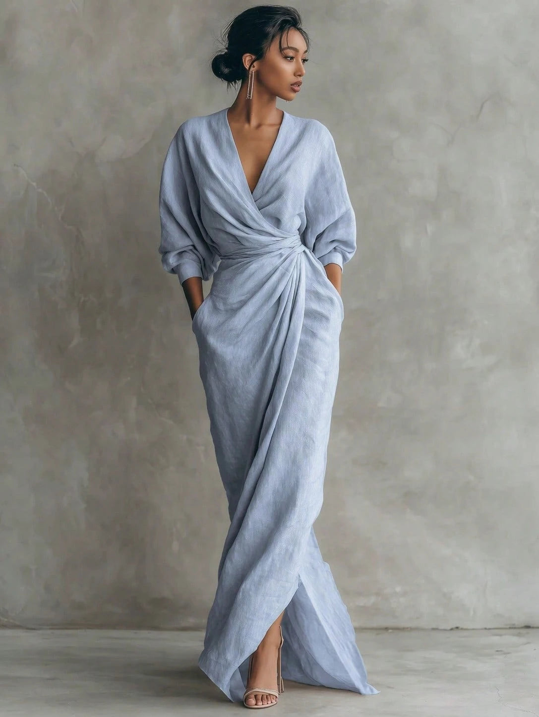 KZKZWK Linen-Blend Wrap Maxi Dress, V-Neck Batwing Sleeve Waist Tie