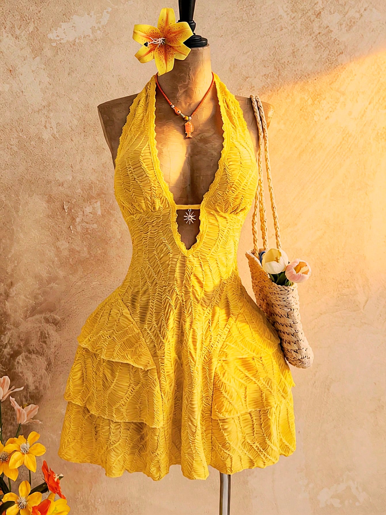 Soleia Women's Yellow Boho Mini Dress, V-Neck Sunflower Decor Halter