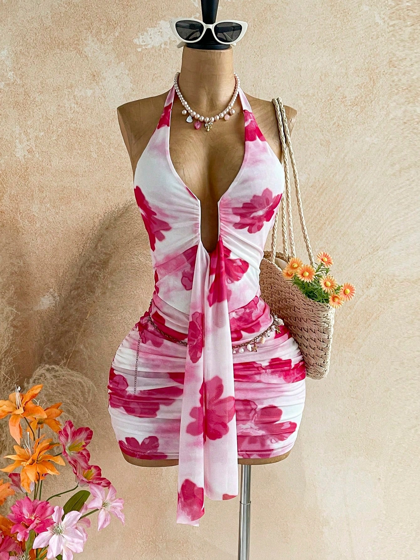 Ure Wave Women's Casual Vacation Sexy Ribbon Halter Bowknot Ruched