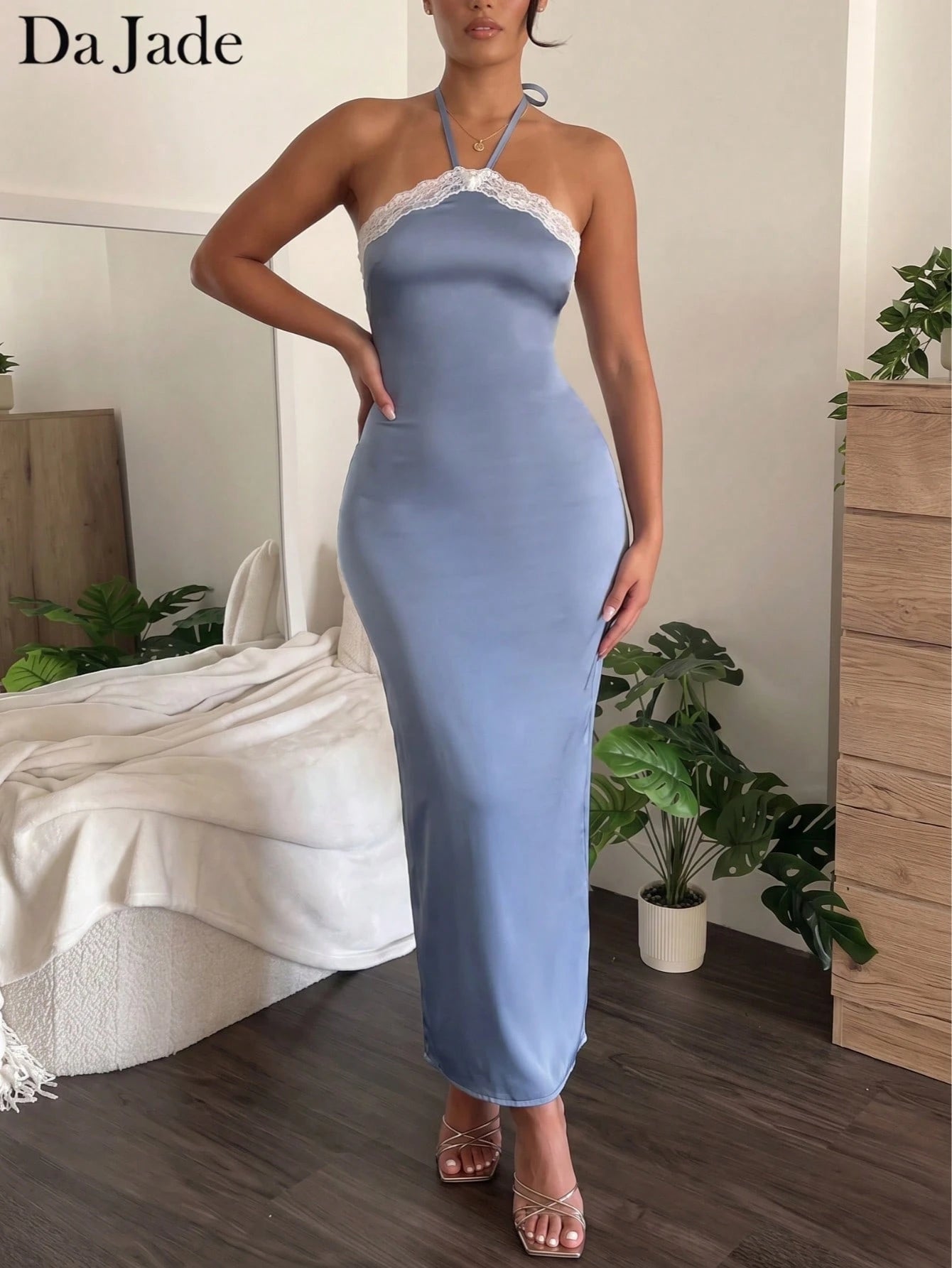 Da Jade Elegant French Lace Trim Halter Tie Glossy Satin Midi Bodycon Dress, Cross Open Back Slim Fit Curvy