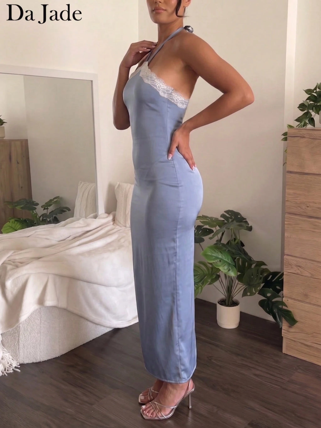 Da Jade Elegant French Lace Trim Halter Tie Glossy Satin Midi Bodycon Dress, Cross Open Back Slim Fit Curvy - image 2
