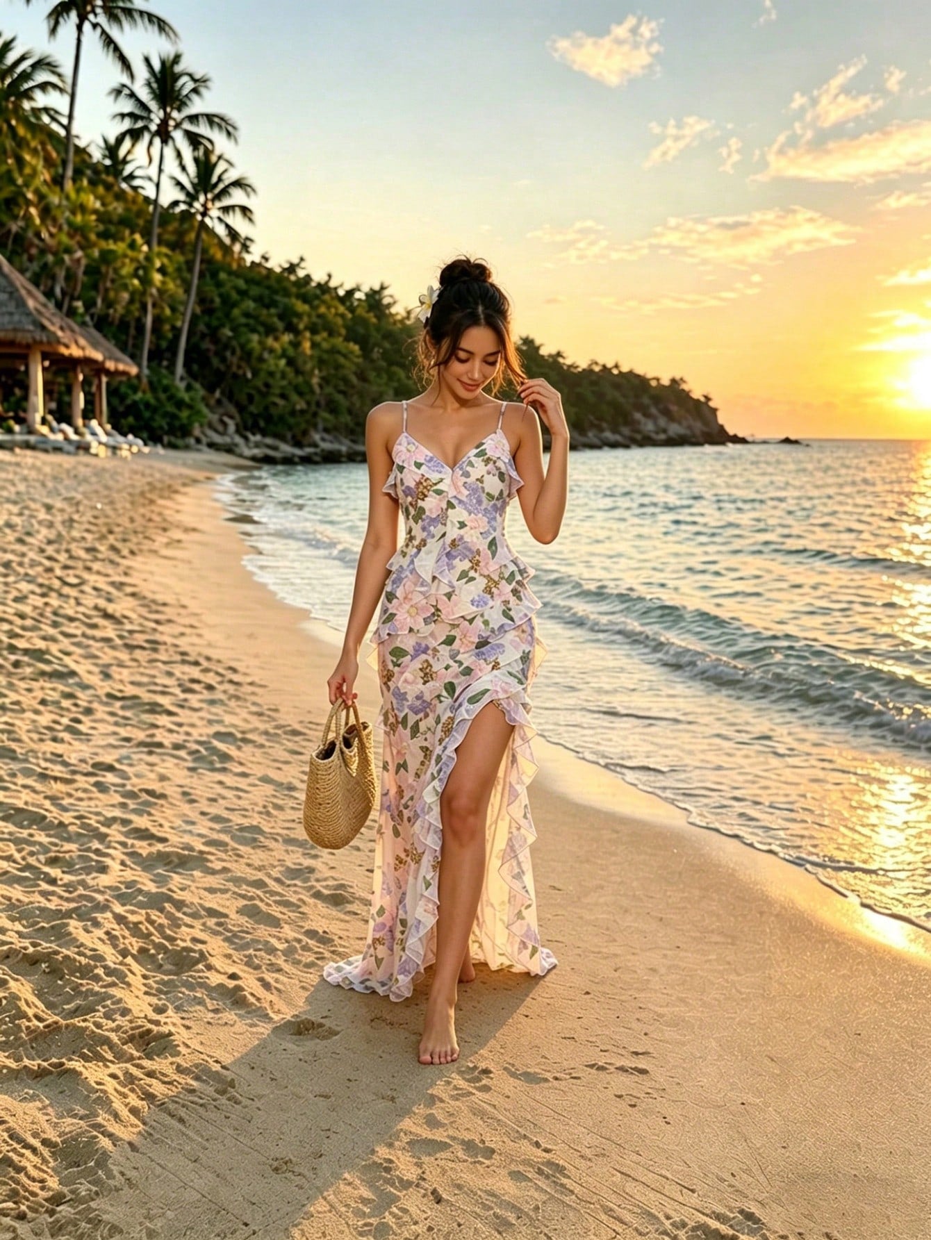 SUNSTORY Women's Elegant Sexy Romantic Vacation Summer Long Dress, Floral Print Slit Ruffle Hem Spaghetti - image 3