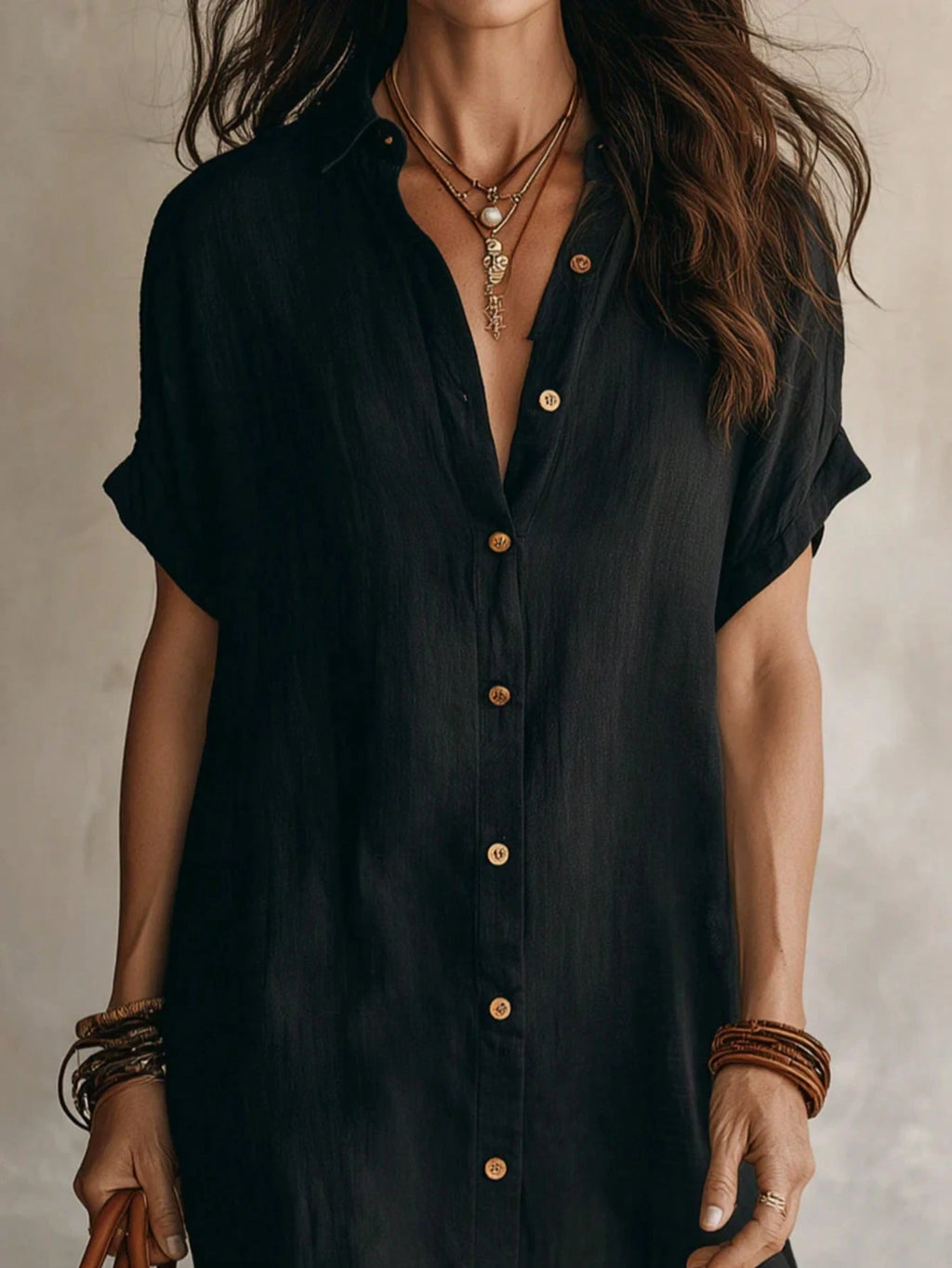 Women's Casual Ivory Woven Shirt Dress, Collared Short Sleeve Front Button Design, Asymmetric Hemline, Knee - image 10