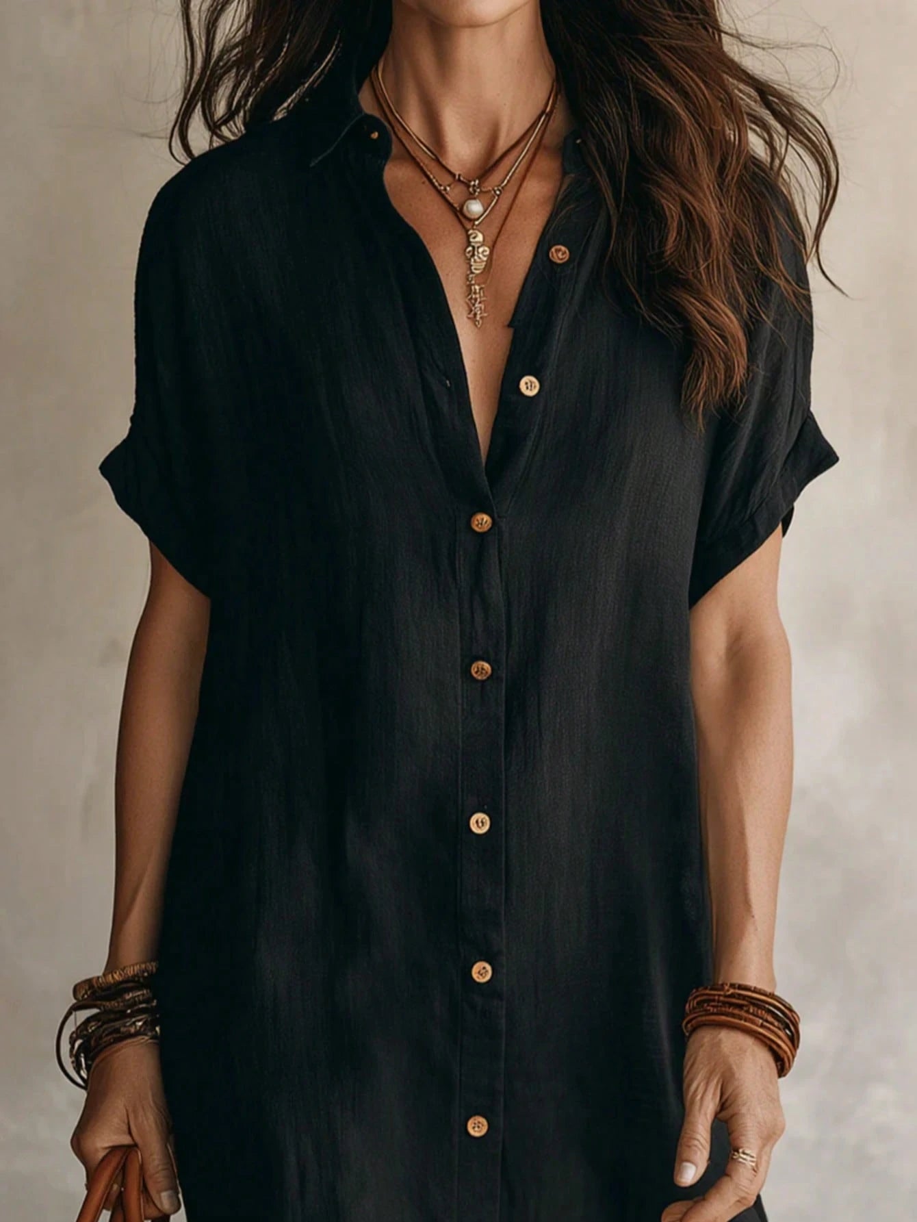 Women's Casual Ivory Woven Shirt Dress, Collared Short Sleeve Front Button Design, Asymmetric Hemline, Knee - image 10
