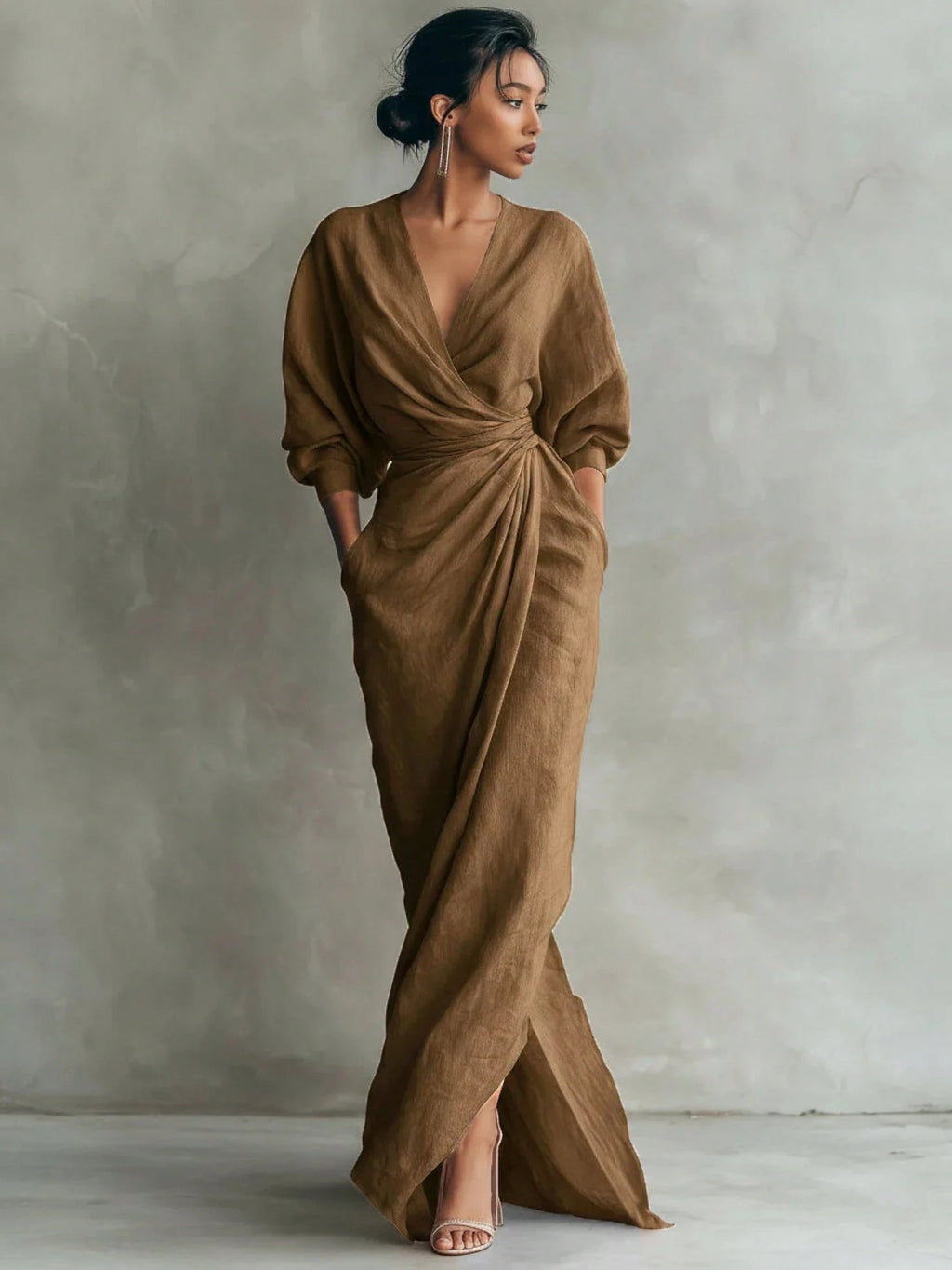 KZKZWK Linen-Blend Wrap Maxi Dress, V-Neck Batwing Sleeve Waist Tie
