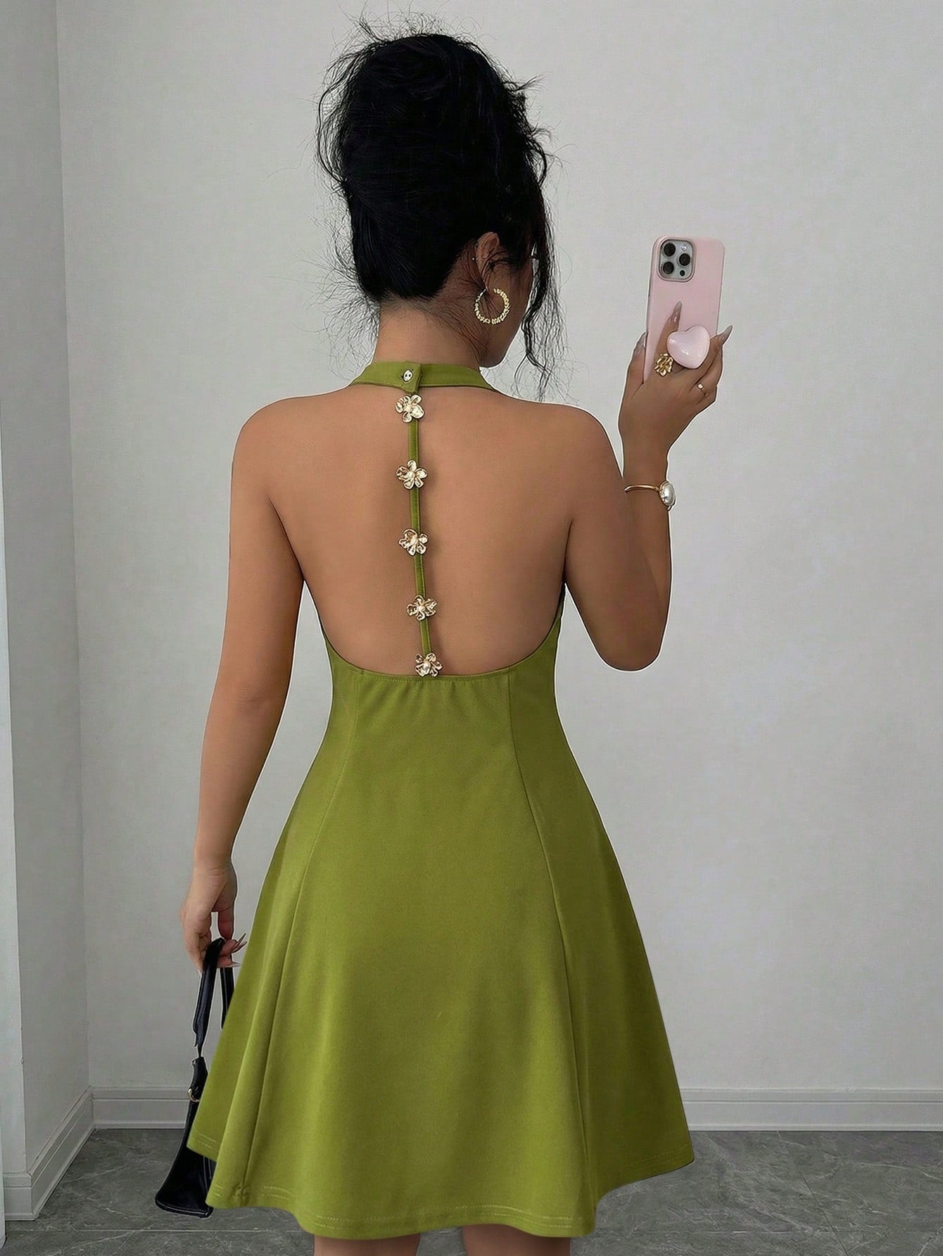 Elenzga Women's Elegant Vacation & Commute Halter Backless Solid Color A-Line Dress, Suitable For Spring And - image 5