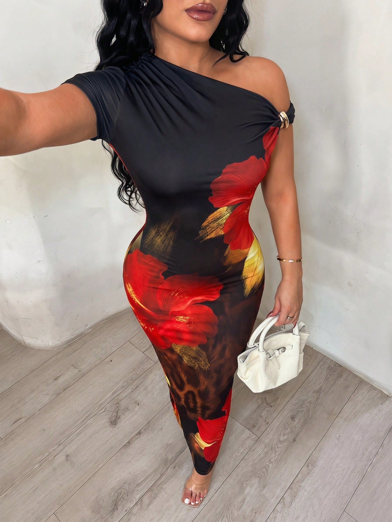 SXY Women's Floral Print Asymmetric Neckline Fitted Elegant Vacation