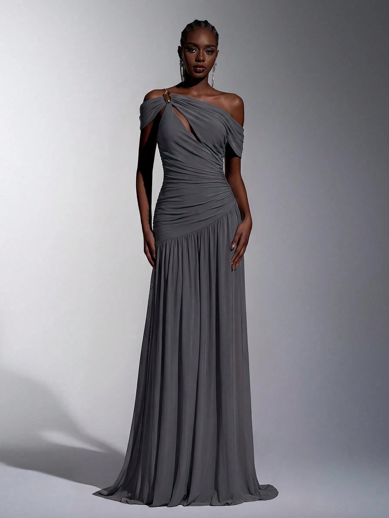 Elitara Elegant Luxurious Elastic Mesh, Handcrafted Metal Decor, Asymmetric Collar Overlay With Ruffle A-Line - image 11