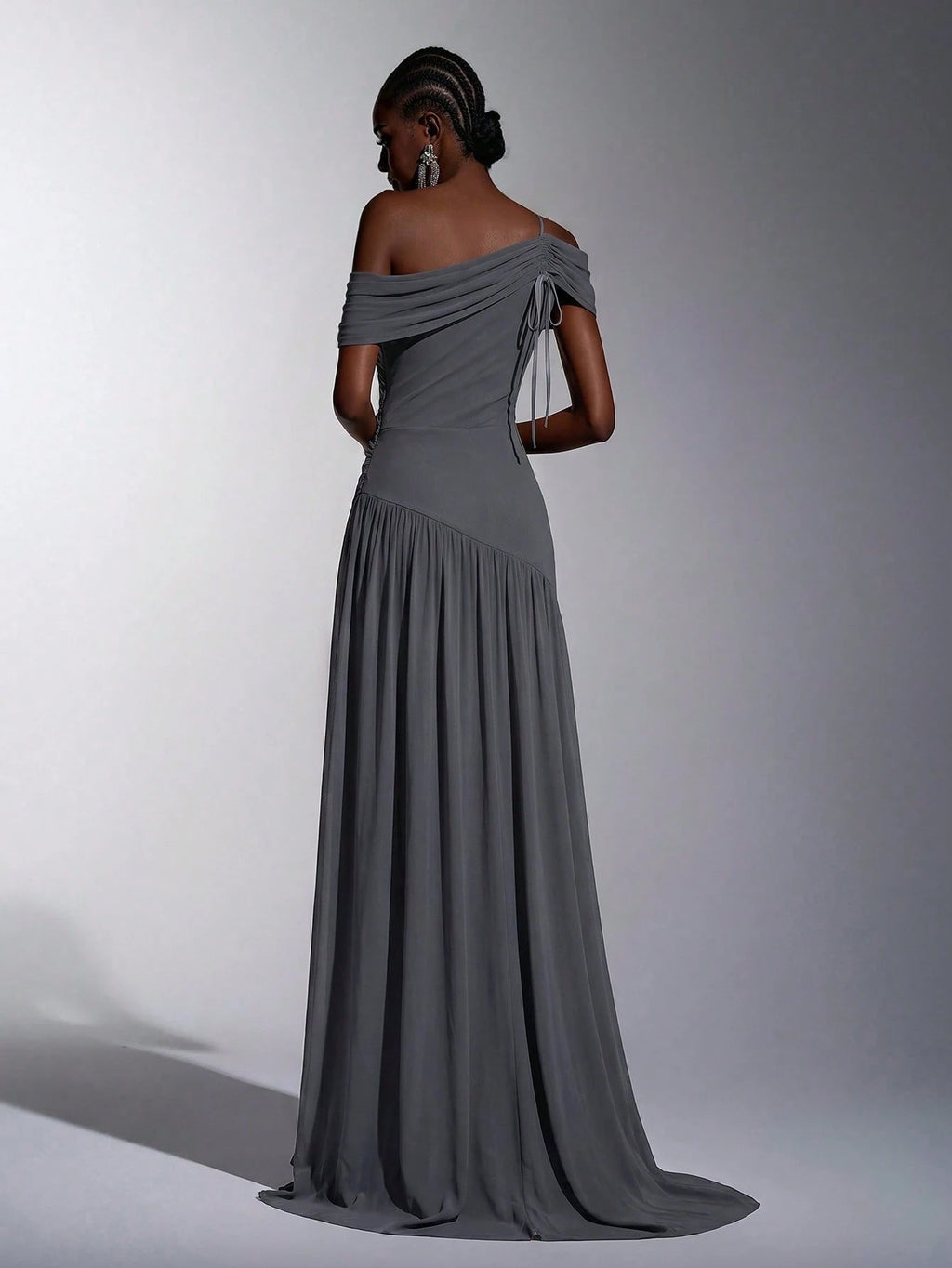 Elitara Elegant Luxurious Elastic Mesh, Handcrafted Metal Decor, Asymmetric Collar Overlay With Ruffle A-Line - image 12