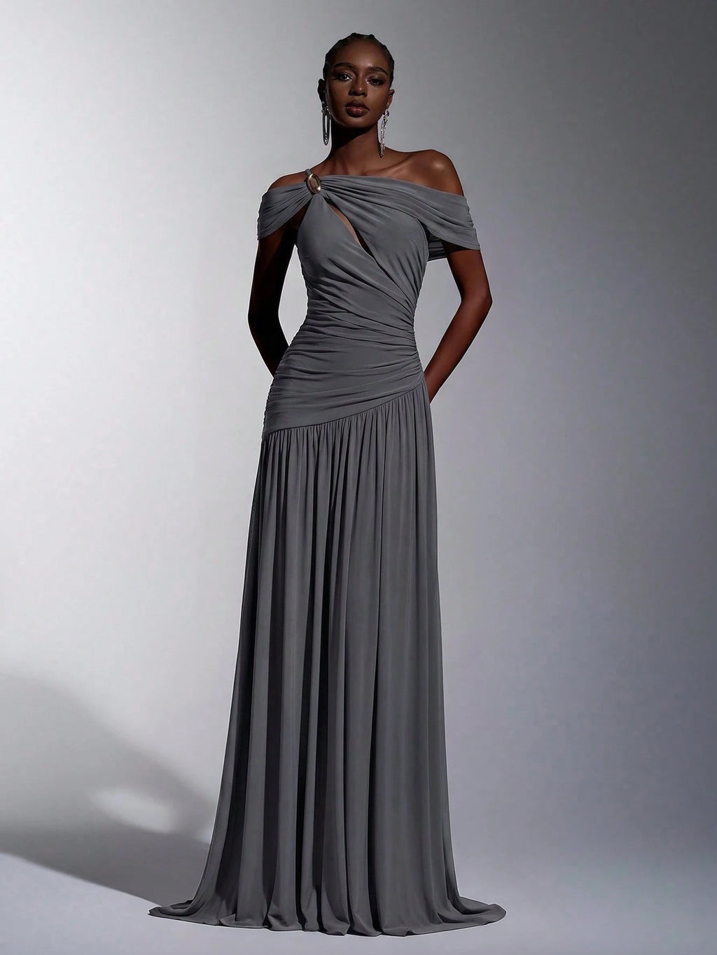 Elitara Elegant Luxurious Elastic Mesh, Handcrafted Metal Decor, Asymmetric Collar Overlay With Ruffle A-Line - image 13