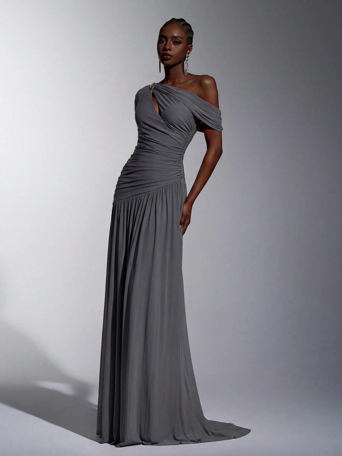 Elitara Elegant Luxurious Elastic Mesh, Handcrafted Metal Decor, Asymmetric Collar Overlay With Ruffle A-Line - image 14