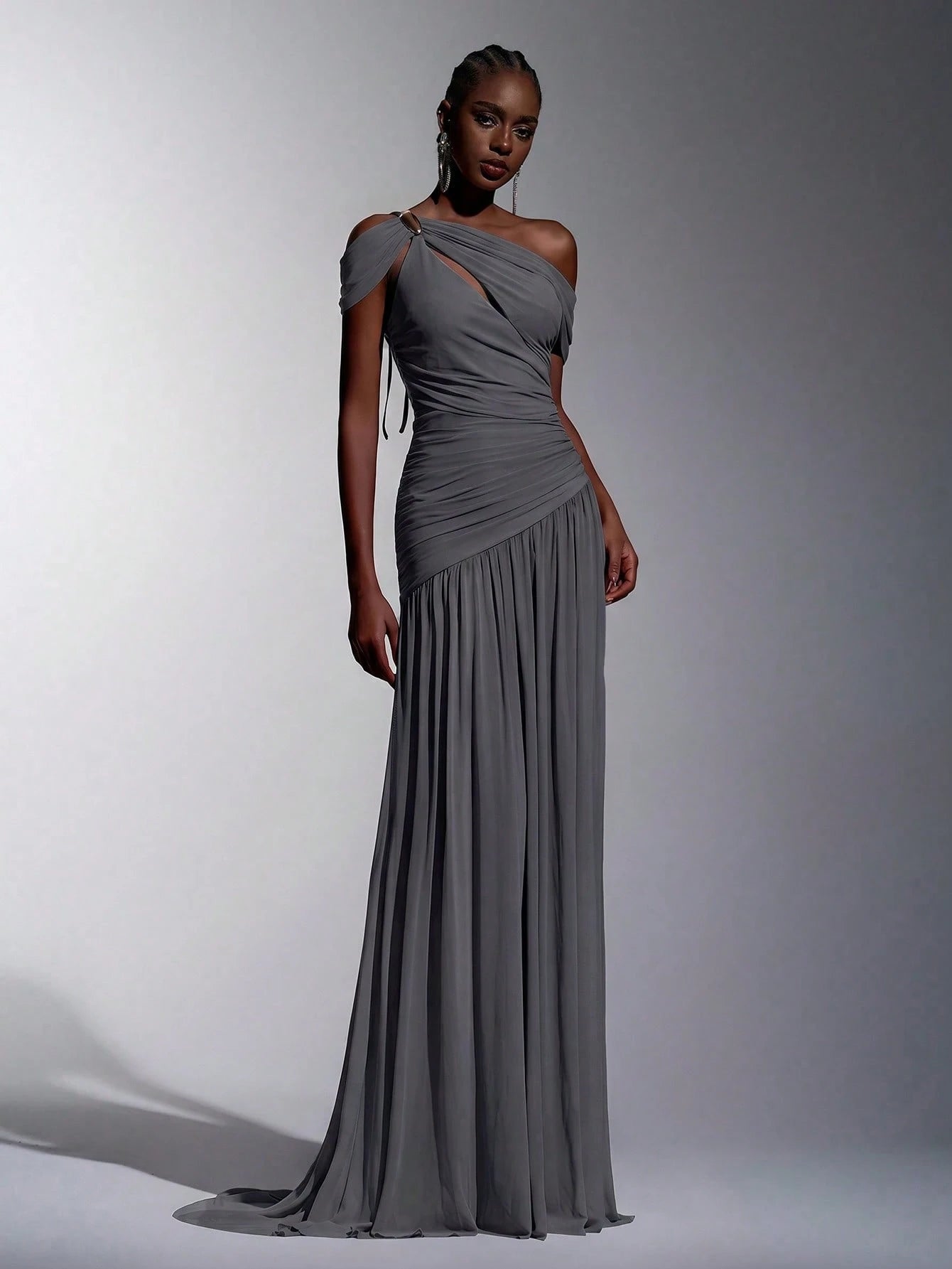 Elitara Elegant Luxurious Elastic Mesh, Handcrafted Metal Decor, Asymmetric Collar Overlay With Ruffle A-Line - image 15