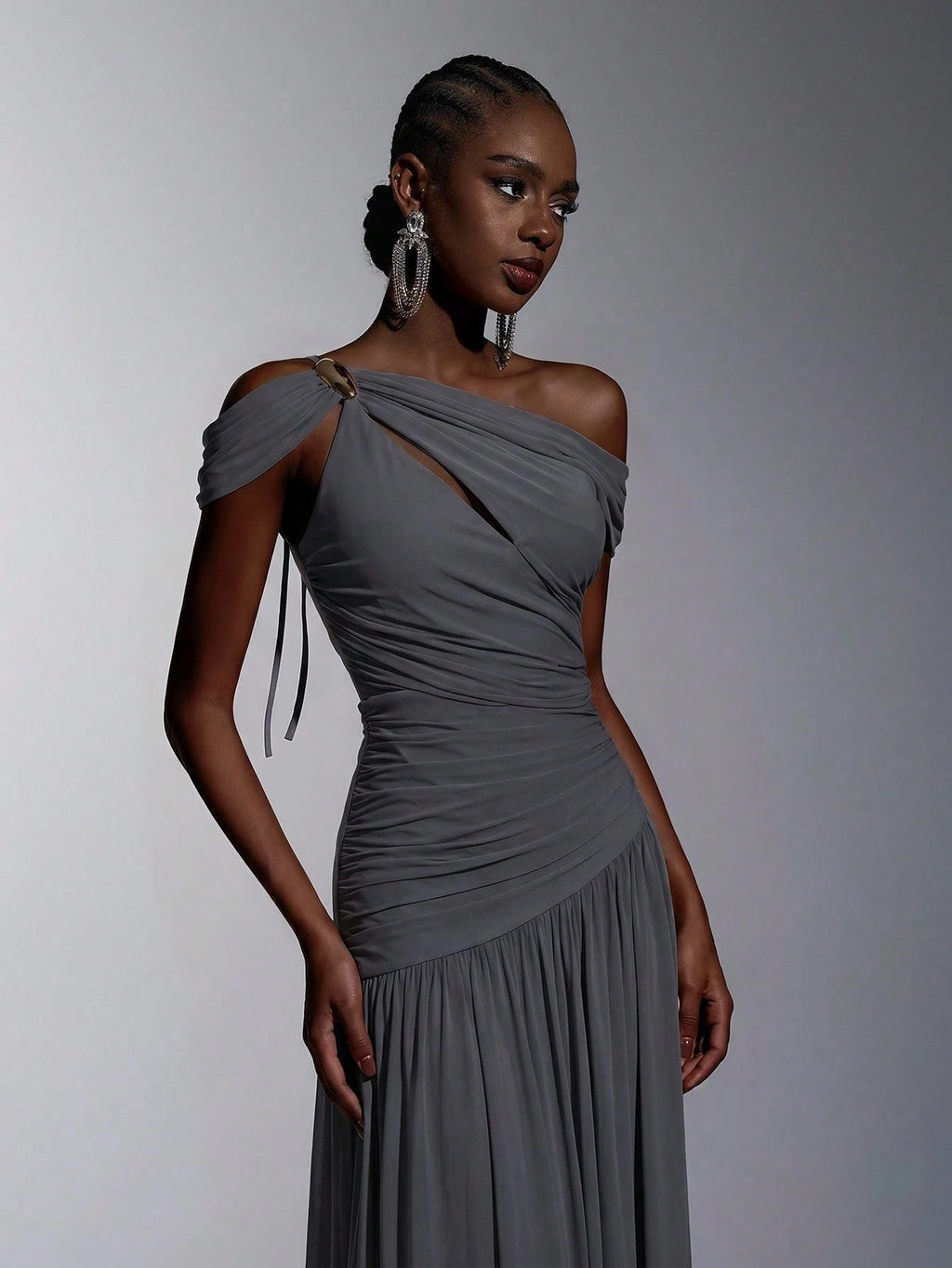 Elitara Elegant Luxurious Elastic Mesh, Handcrafted Metal Decor, Asymmetric Collar Overlay With Ruffle A-Line - image 16