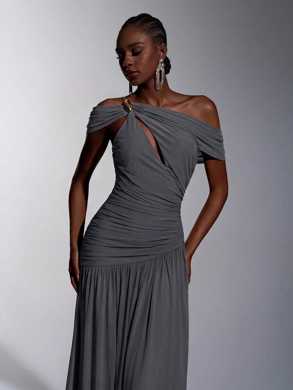 Elitara Elegant Luxurious Elastic Mesh, Handcrafted Metal Decor, Asymmetric Collar Overlay With Ruffle A-Line - image 17