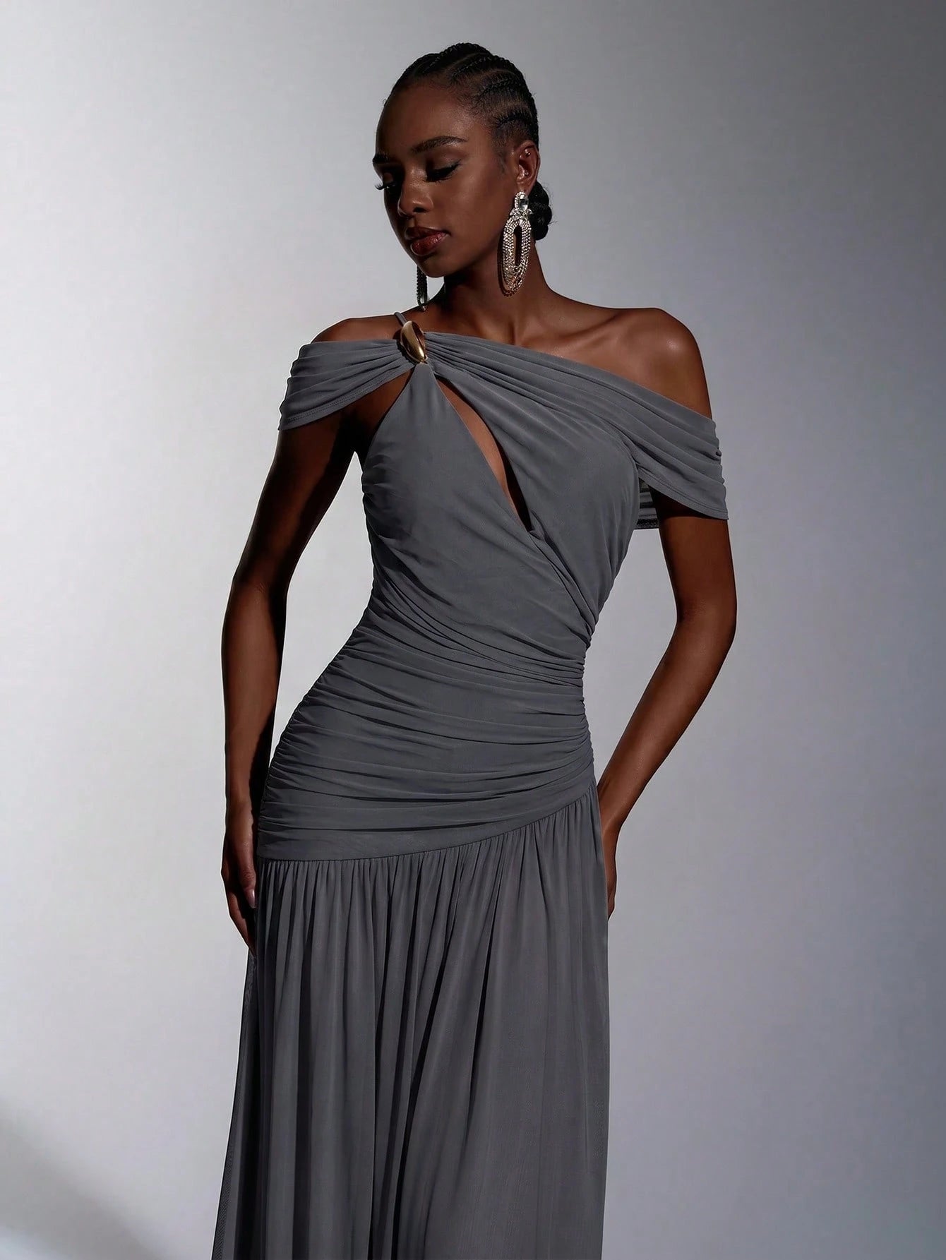 Elitara Elegant Luxurious Elastic Mesh, Handcrafted Metal Decor, Asymmetric Collar Overlay With Ruffle A-Line - image 17