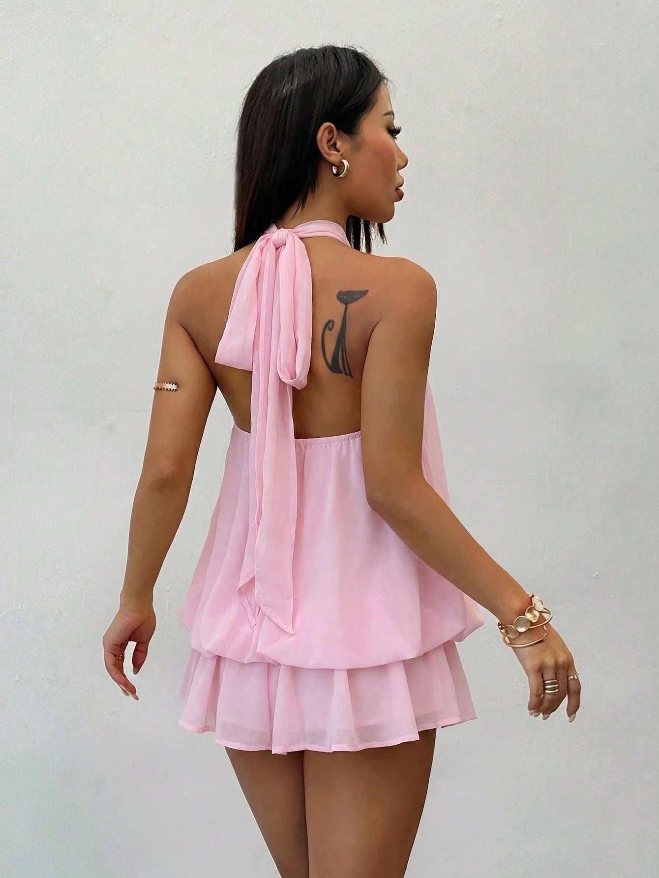 PETITE Elegant Sleeveless Tie-Neck Mini Dress In Pale Yellow,