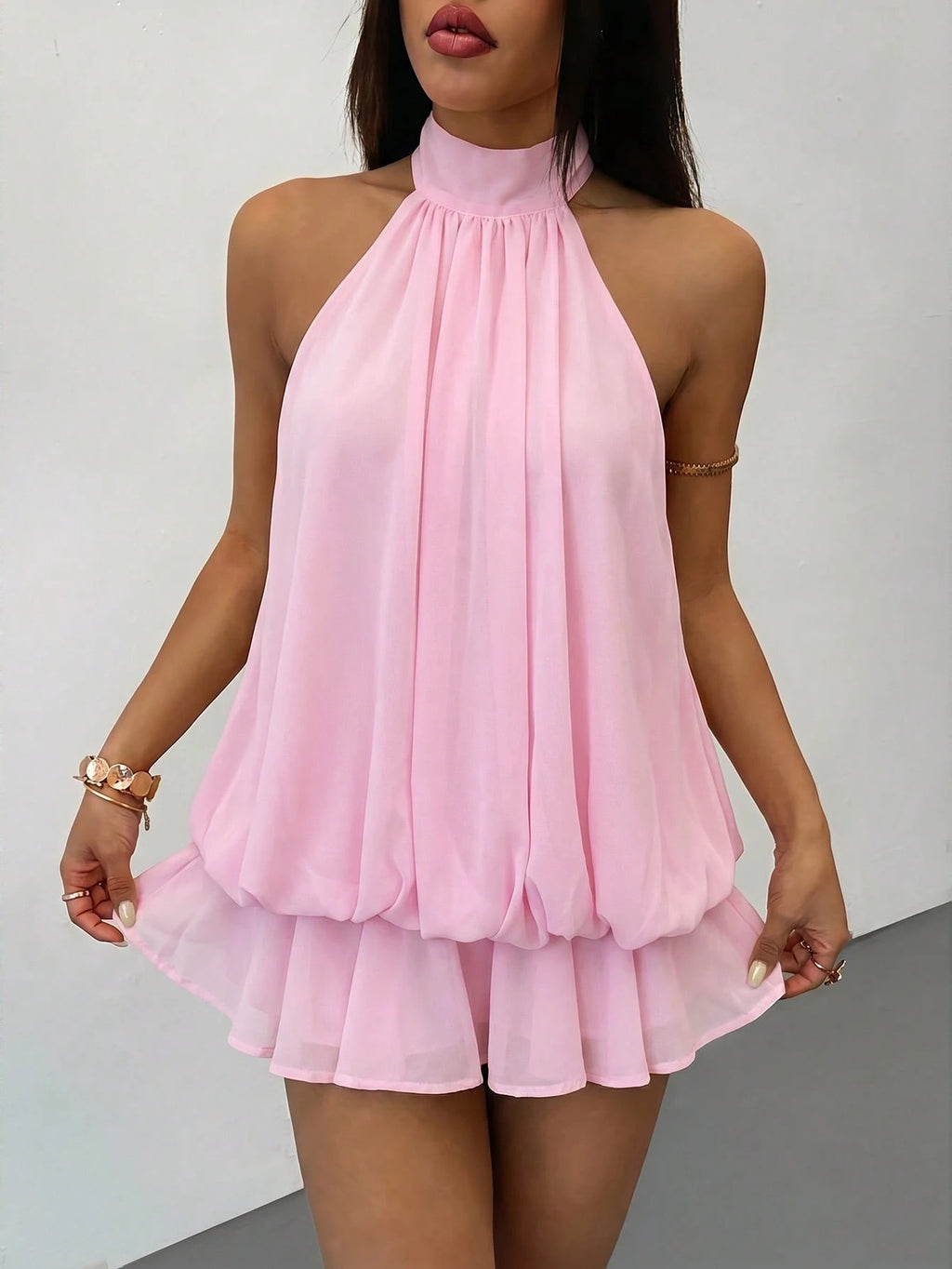 PETITE Elegant Sleeveless Tie-Neck Mini Dress In Pale Yellow,