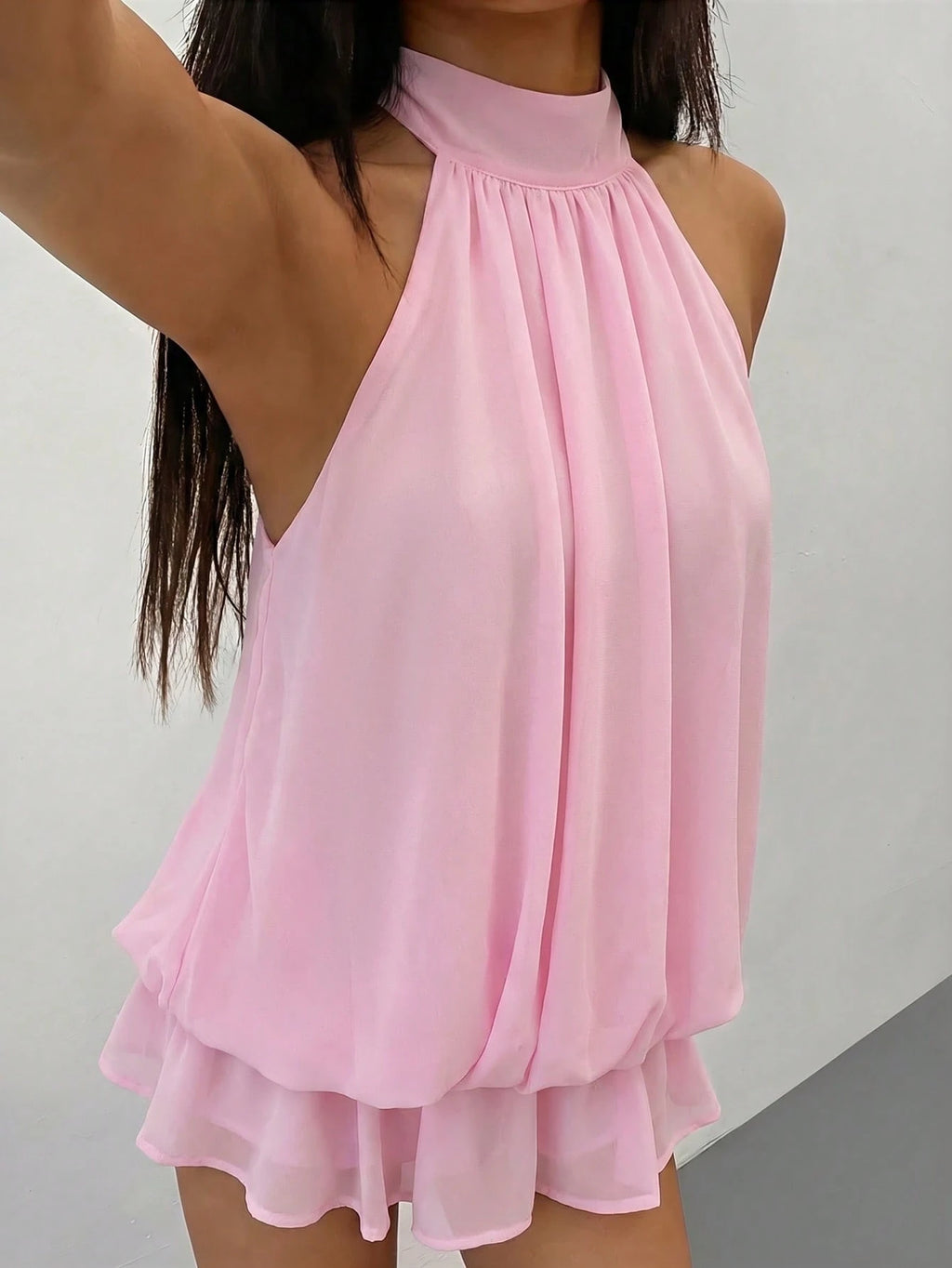 PETITE Elegant Sleeveless Tie-Neck Mini Dress In Pale Yellow,