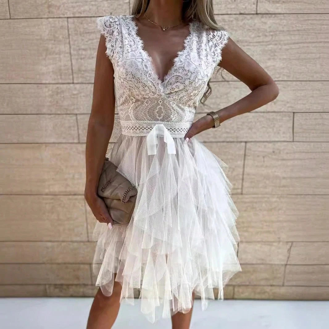 KZKZWK Lace & Tulle Tiered Mini Dress, V-Neck Sleeveless With Bow Detail, Elegant Party & Cocktail Dress - image 2